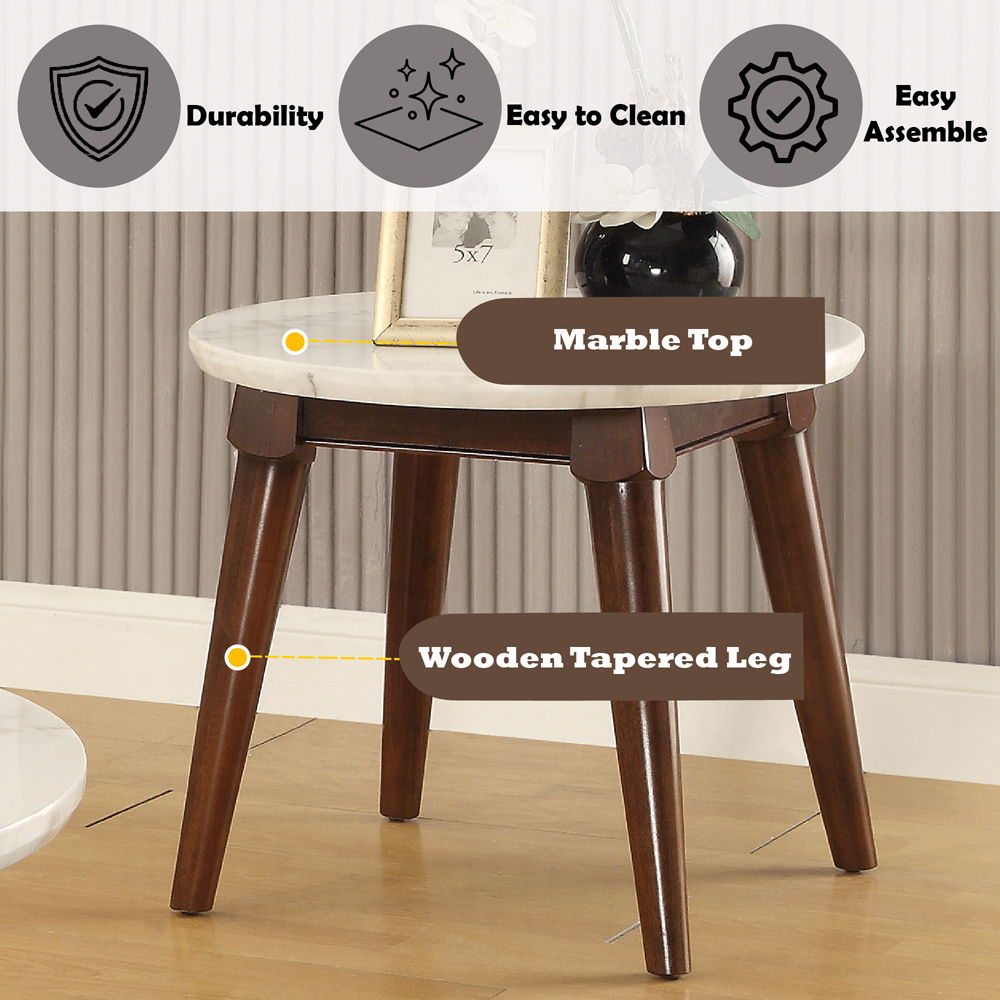 Gasha - End Table - White Marble Top & Walnut, white