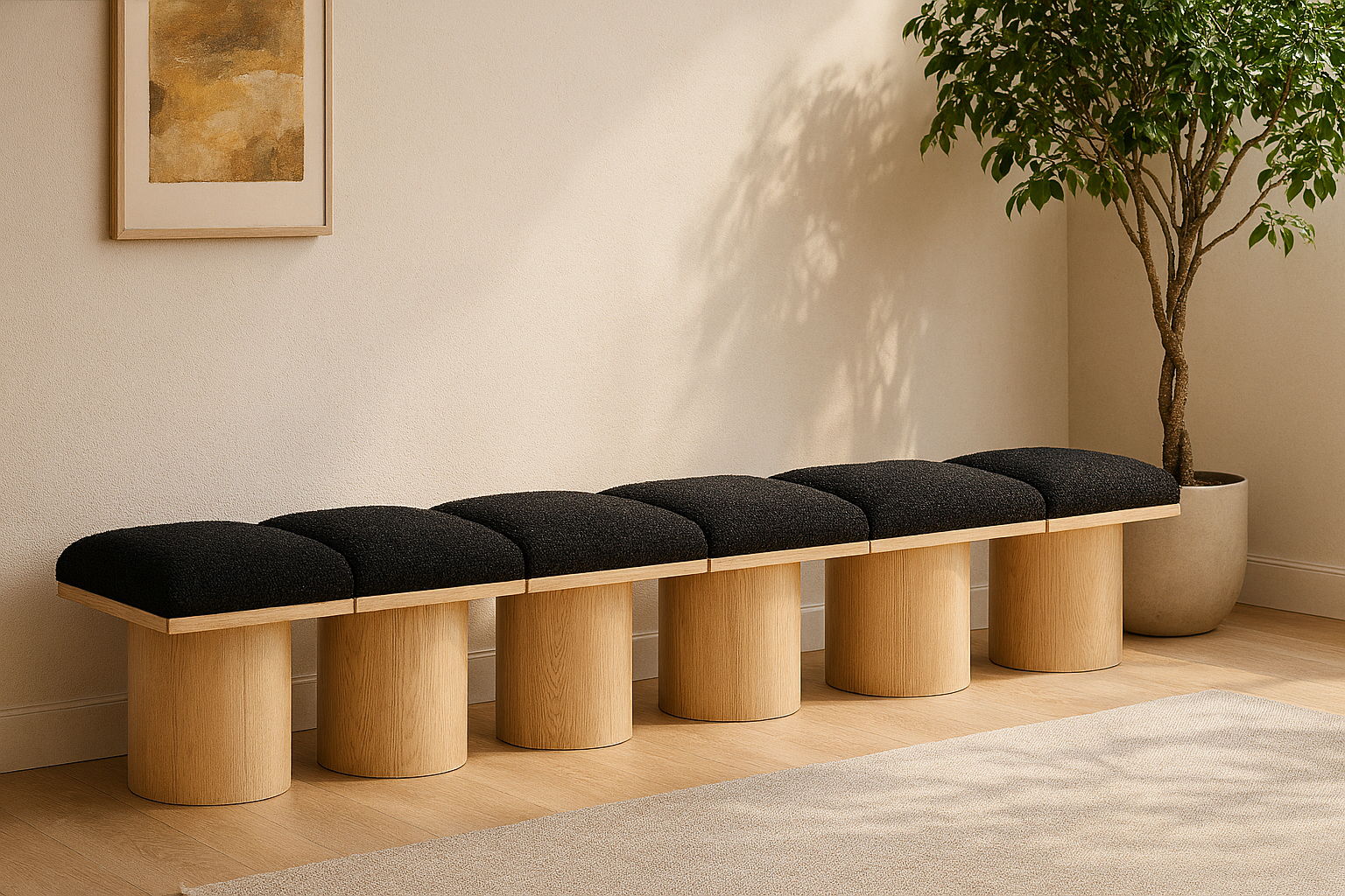 Pavilion - 108" 6 Piece Modular Bench With Natural Base - Black