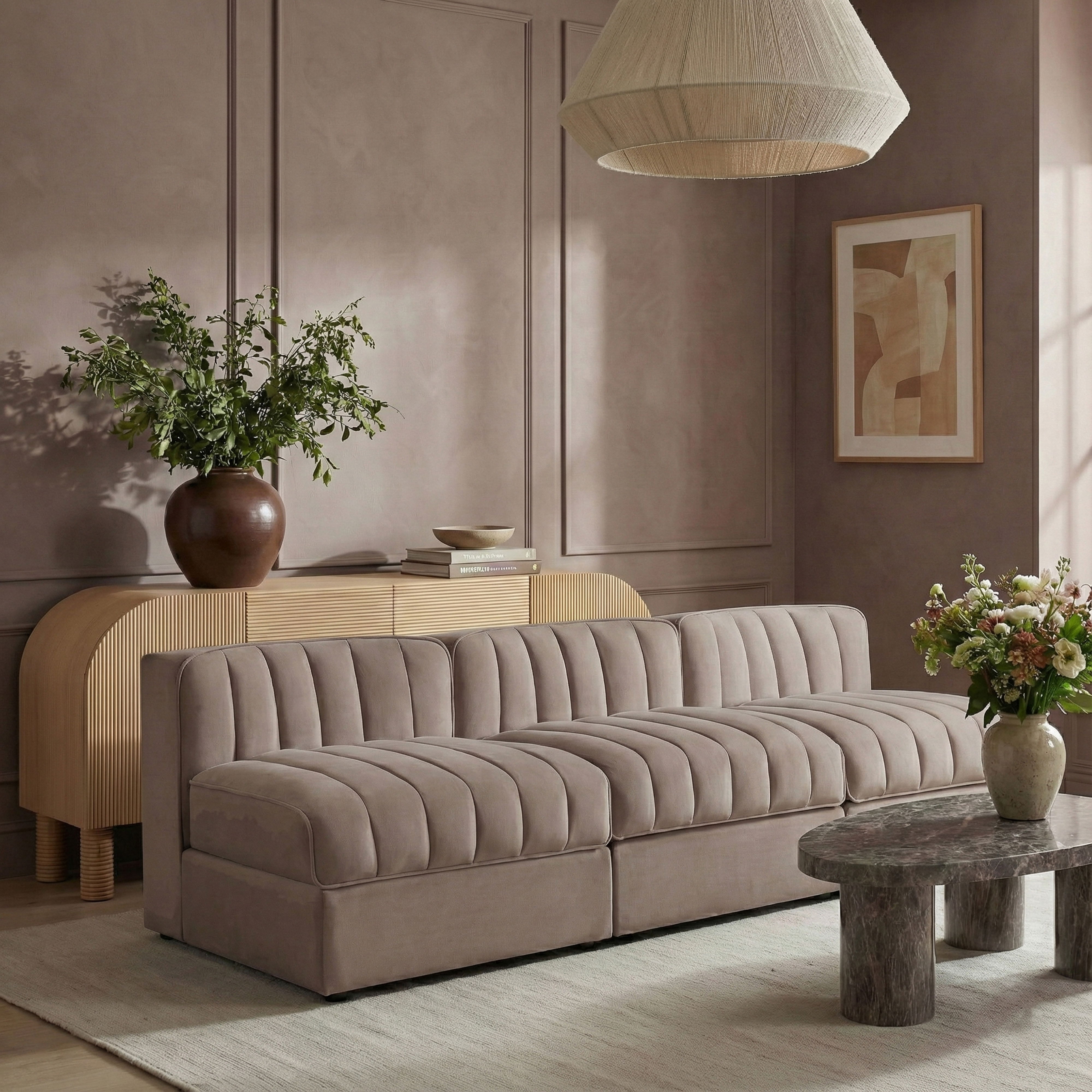 Rummi - Velvet Performance Fabric Upholstered 3 Piece Modular Armless Sofa - Taupe