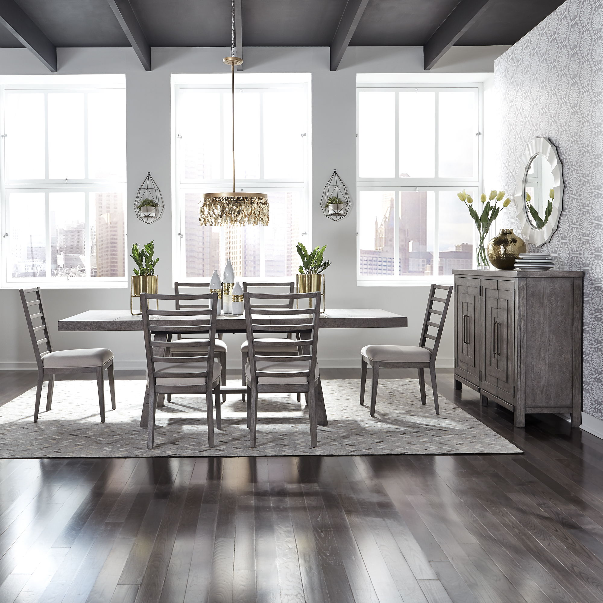 Liberty Furniture Modern Farmhouse - 7 Piece Trestle Table Set - Gray