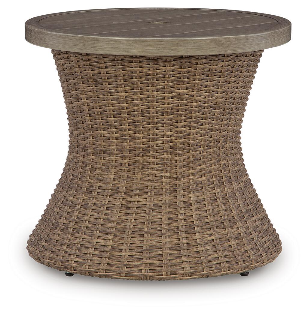 Laguna Heights – Round End Table With Umbrella Option – Beige