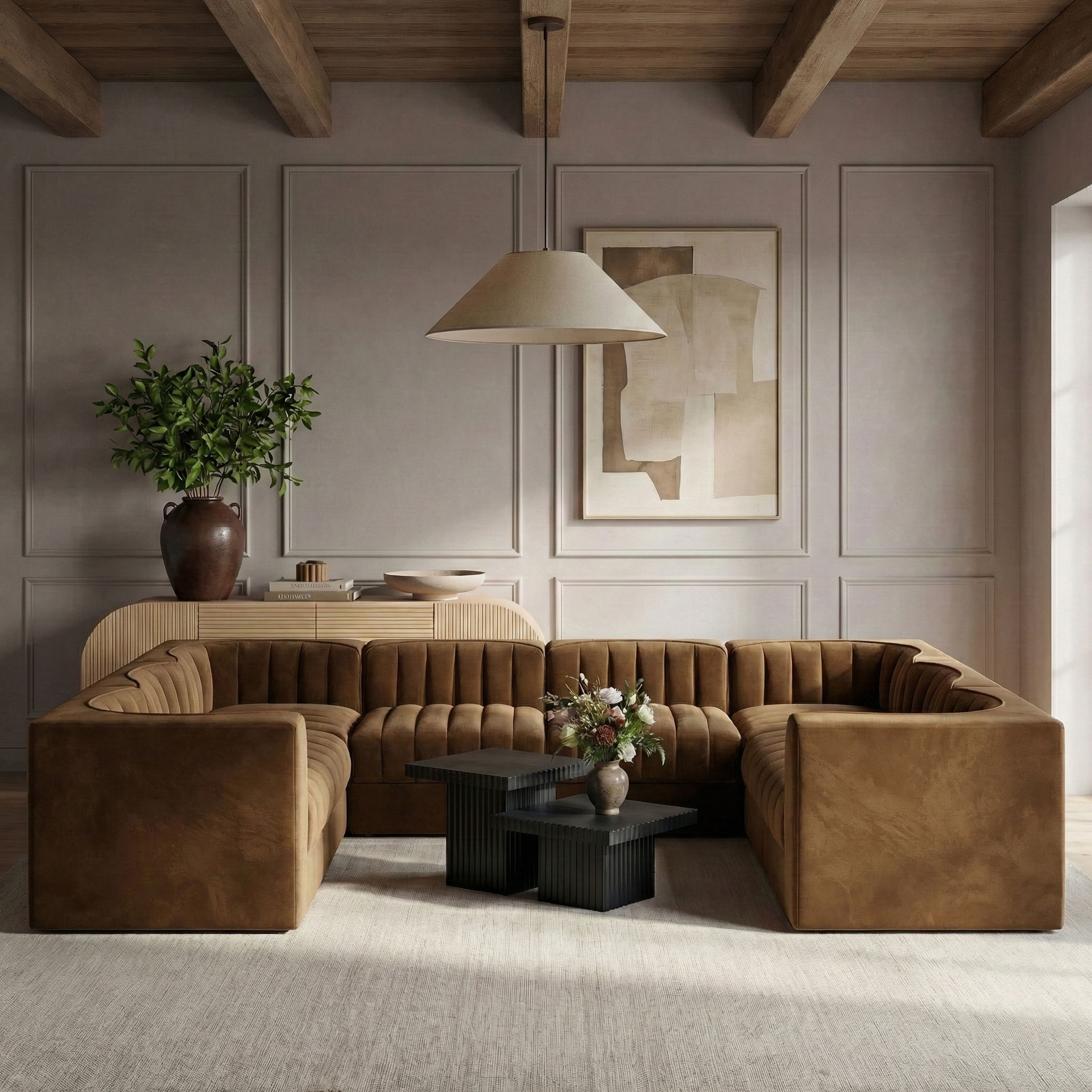 Rummi - Velvet Performance Fabric Upholstered Modular Sectional - Saddle