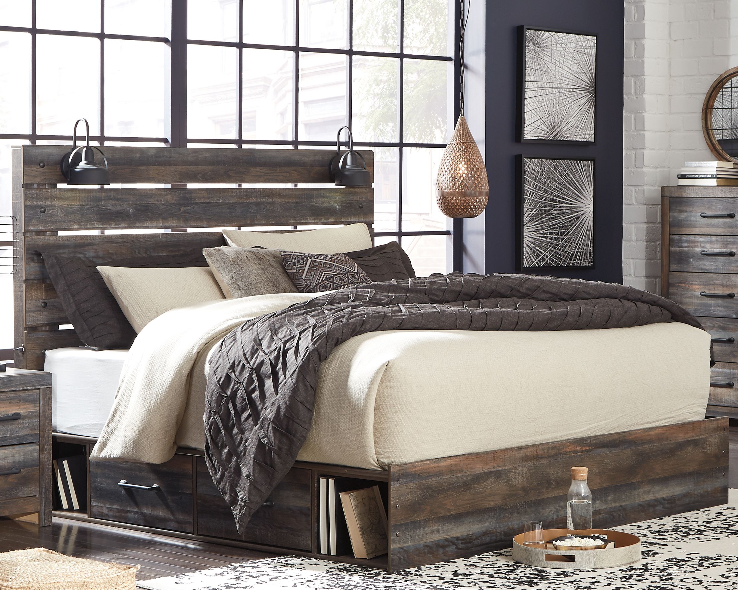 Drystan - King Panel Bed With 2 Side Drawers - Brown / Beige