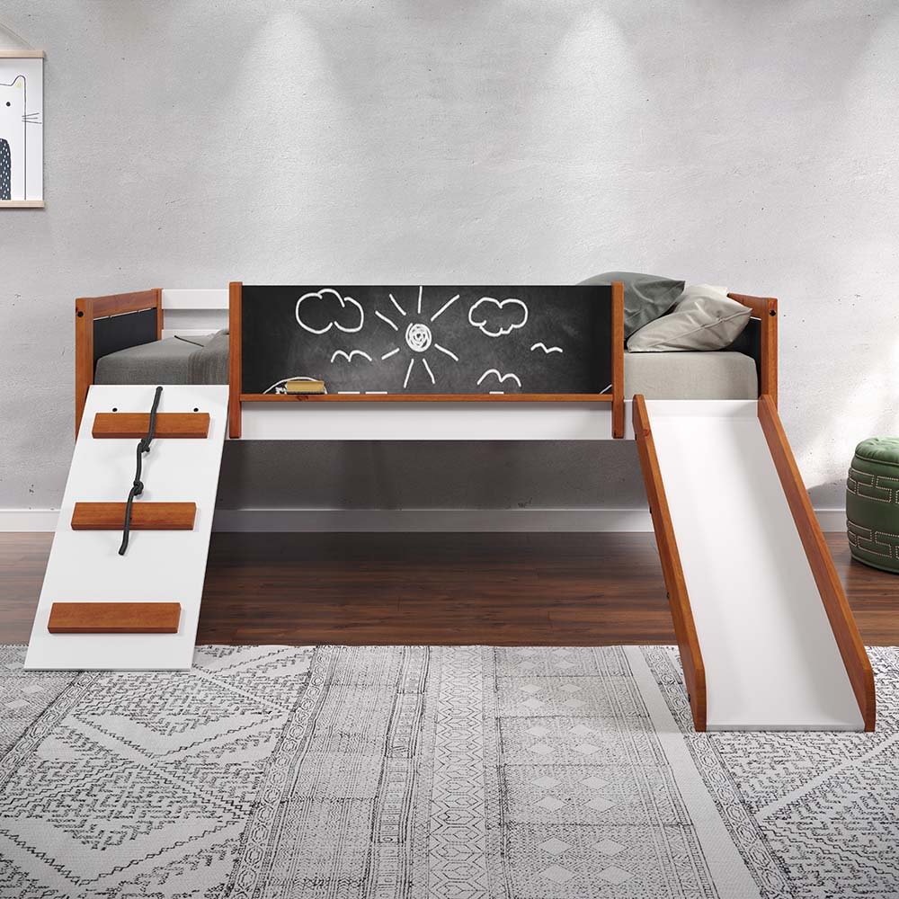 Aurea - Twin Loft Bed With Slide - Cherry Oak & White, dark brown, view 2