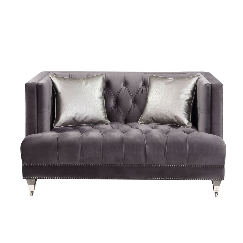 Hegio - Loveseat With 2 Pillows - Gray Velvet, dark gray, view 2
