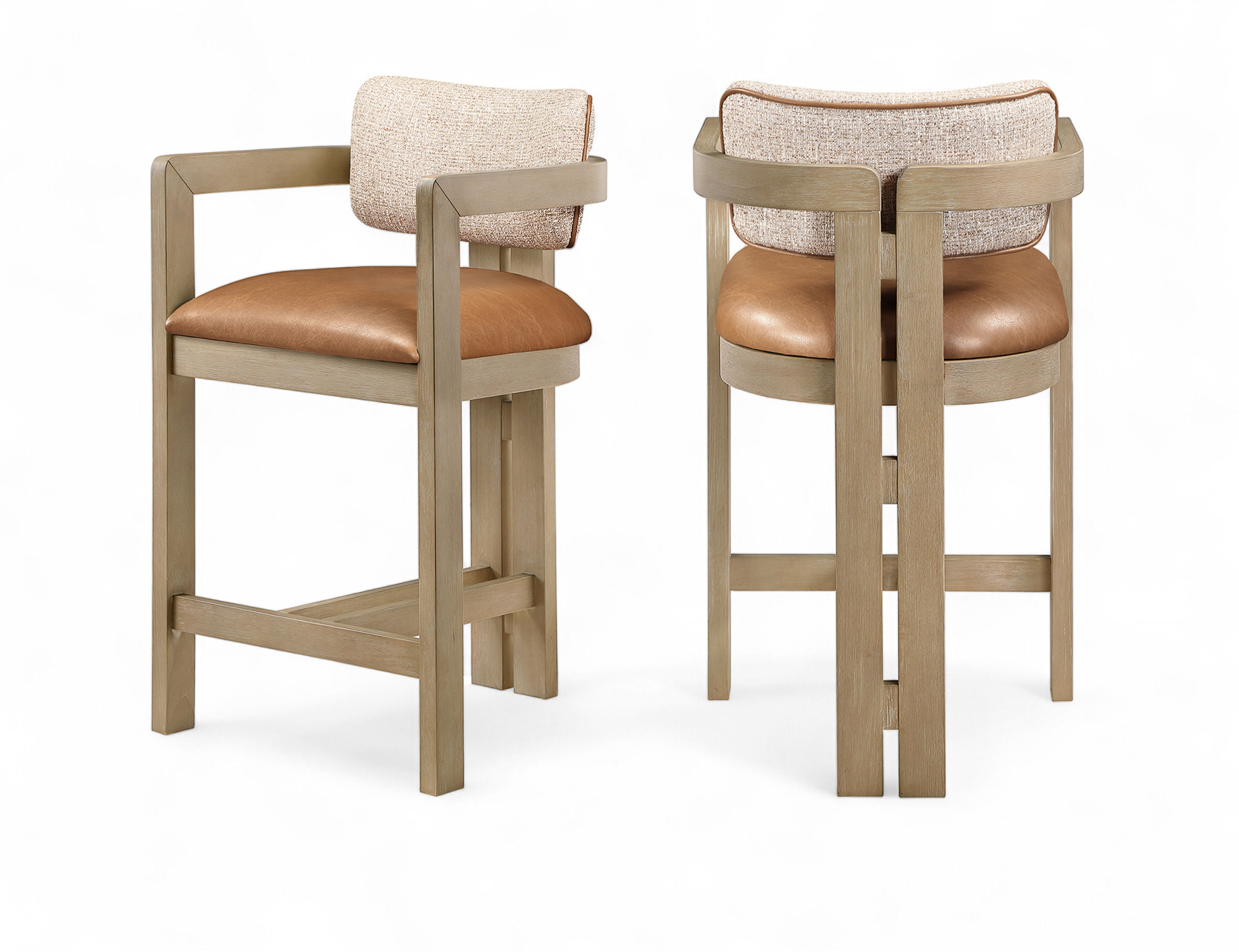 Ravina - Vegan Leather and Linen Textured Fabric Upholstered Counter Stool - Cognac / Stained Natural