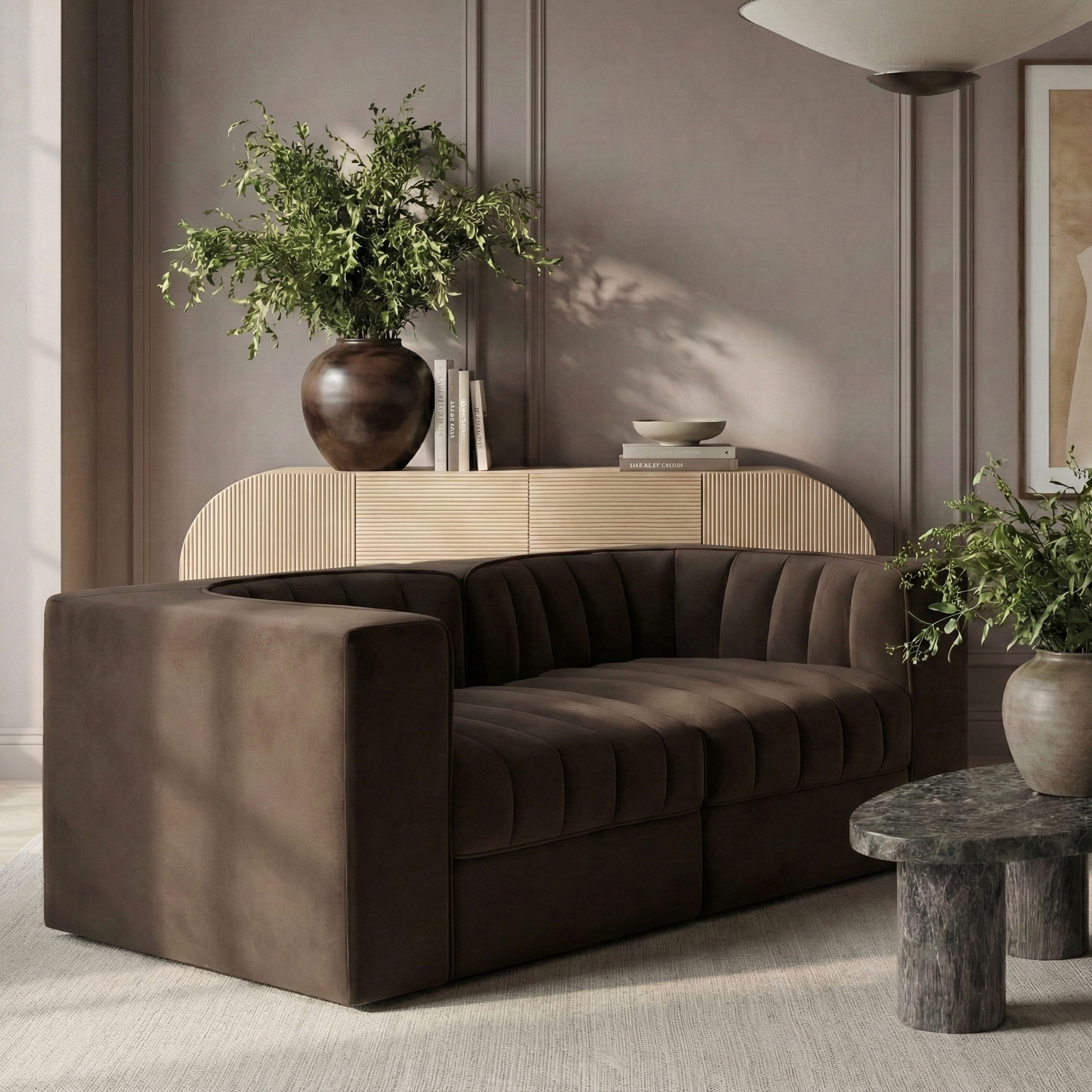 Rummi - Velvet Performance Fabric Upholstered 2 Piece Modular Loveseat With Arms - Brown