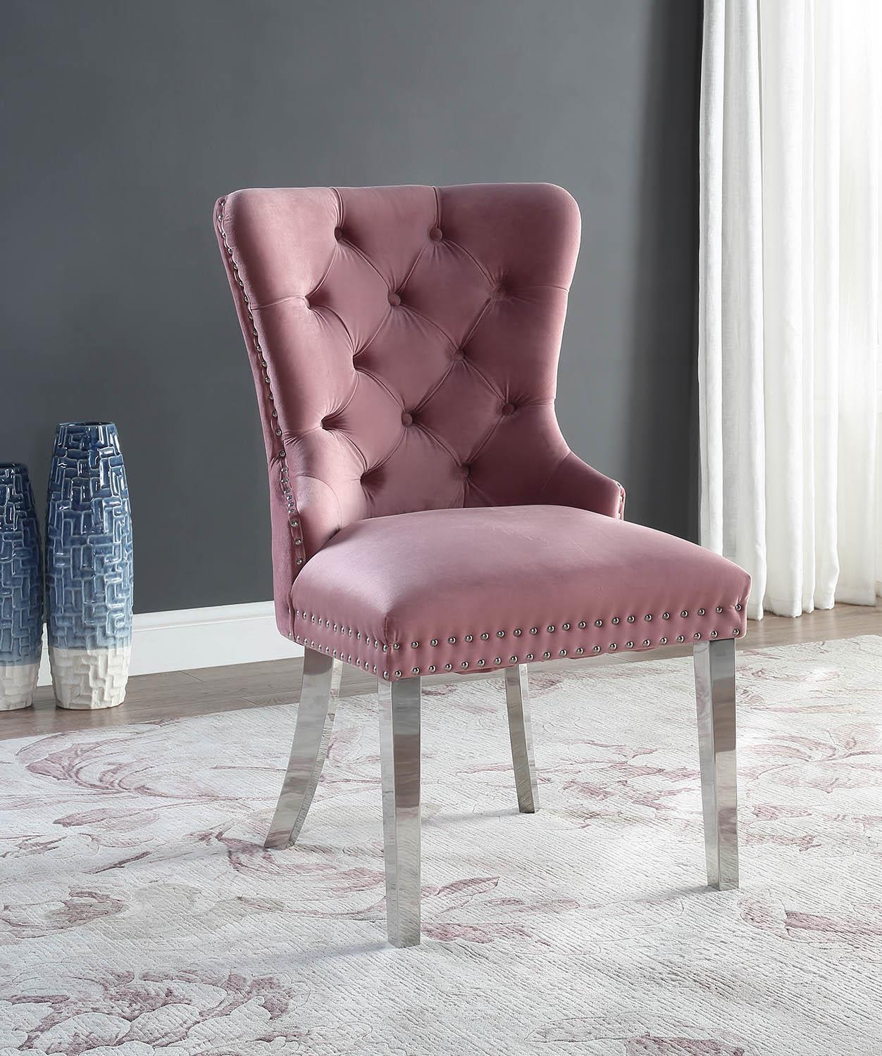 D2082 - Velvet Dining Side Chair With Chrome Legs (Set of 2) - Pink