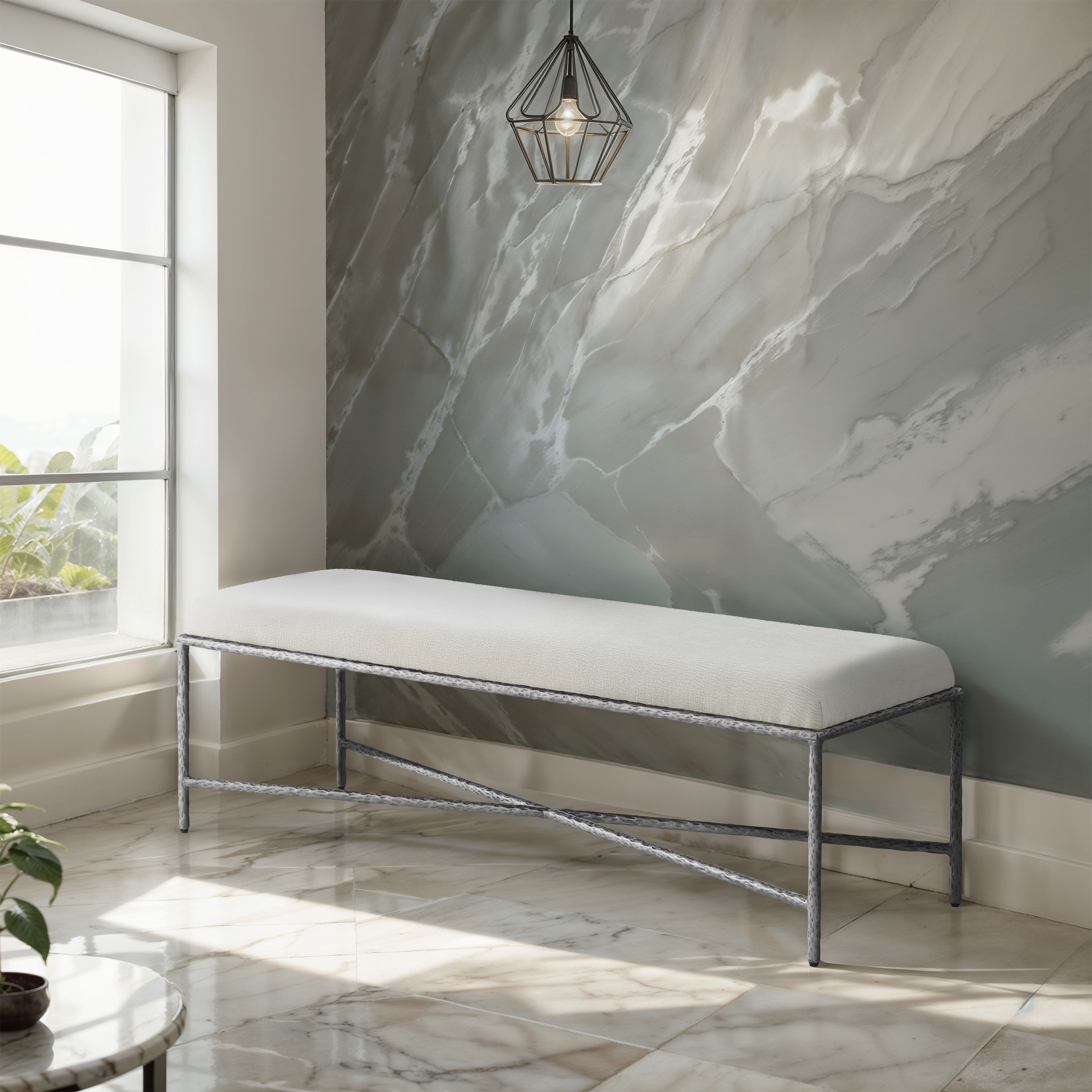 Valley - 54" Bench With Silver Frame - Cream