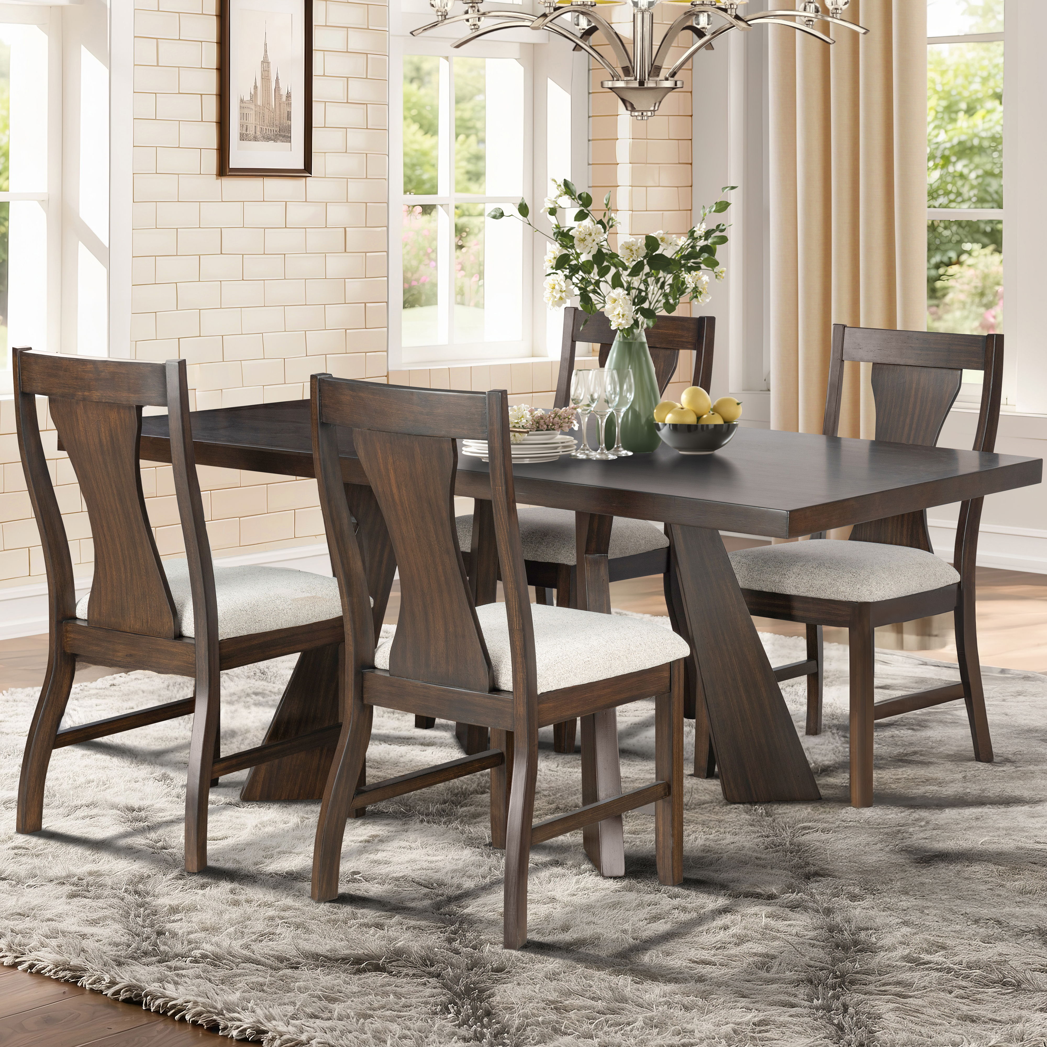 Chestnut Ridge - 5 Piece Dining Room Set (Round 72" Table & 4 Chairs) - Brown / Beige, dark brown