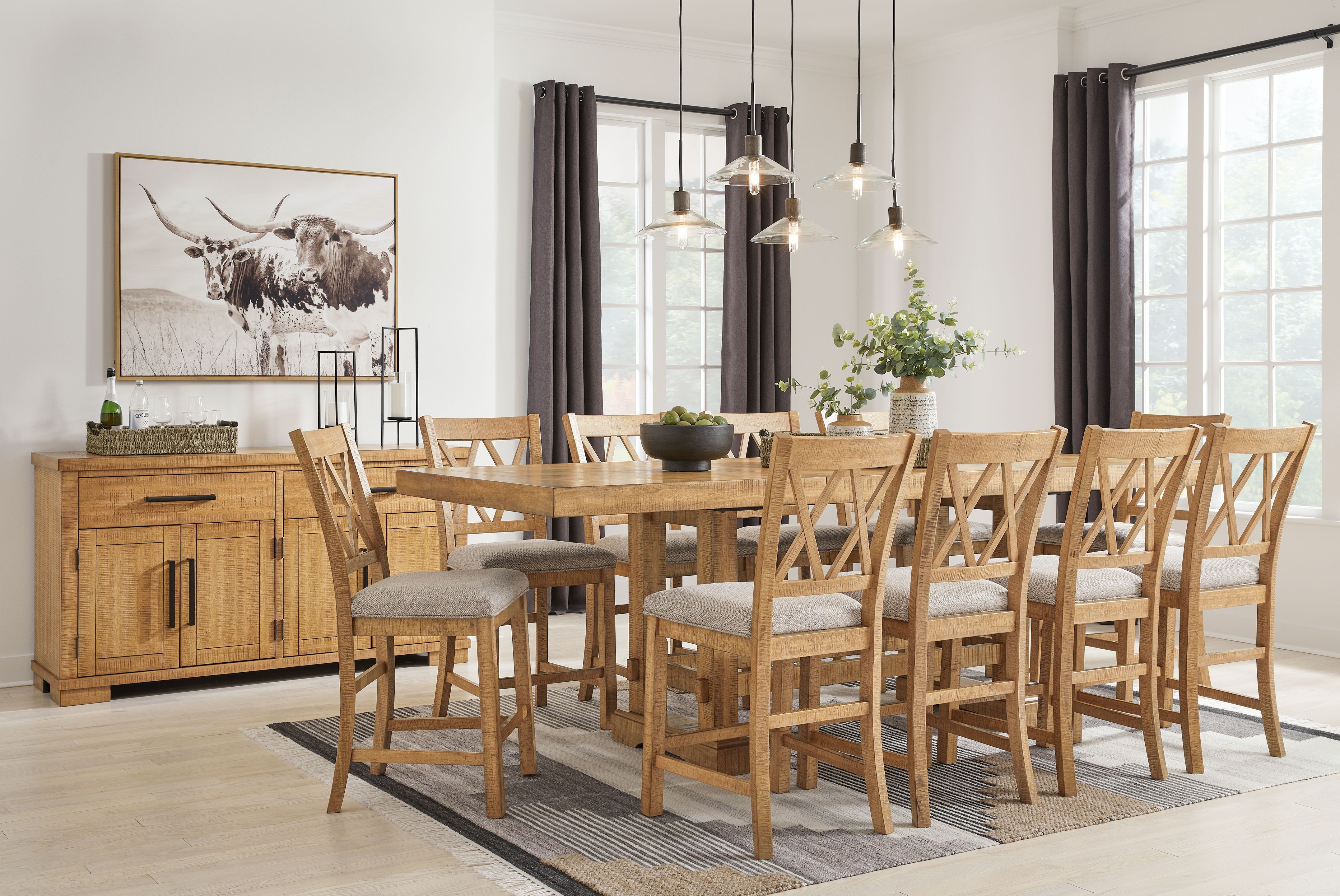 12 Pc · Counter Extension Table, 10 Upholstered Barstools, Server