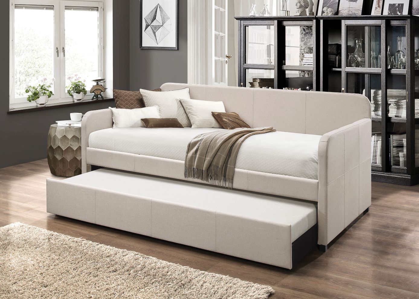 Jagger - Twin Daybed With Trundle - Fog Fabric, beige