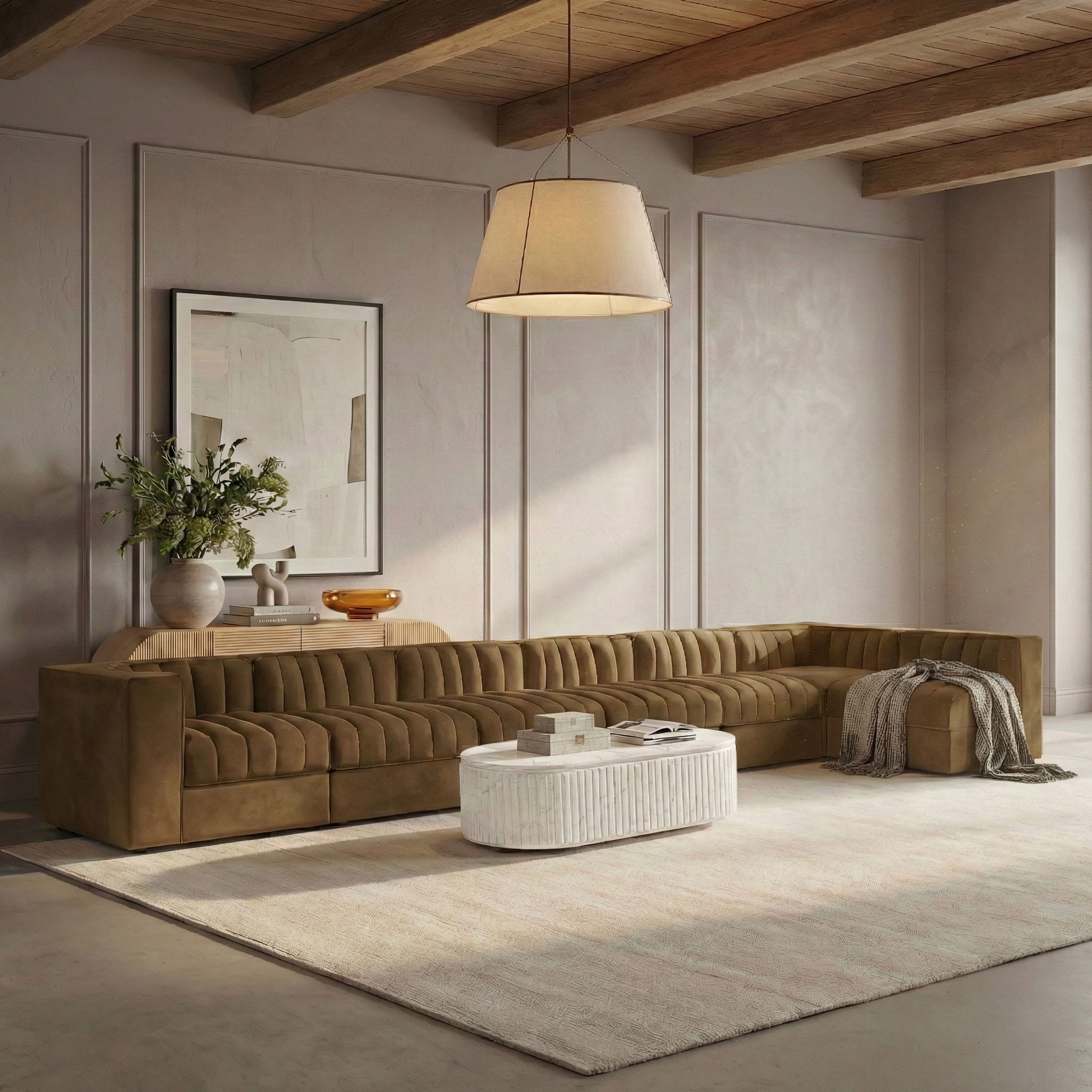 Rummi - Velvet Performance Fabric Upholstered 7 Piece Modular Sectional, L-Shaped (Right) - Saddle