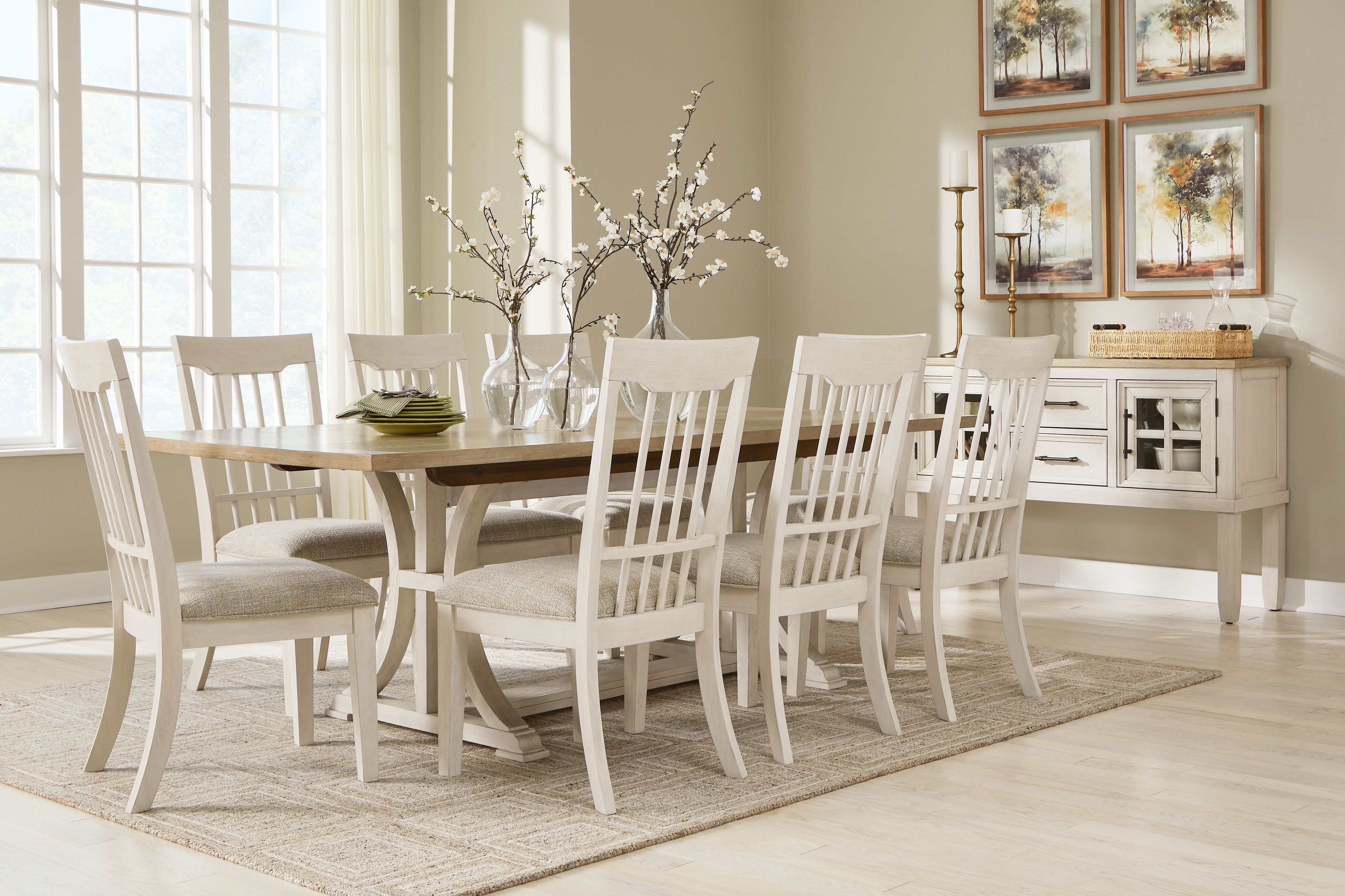 Ashley Shaybrock - Antique White / Brown - 10 Pc. - Rectangular Dining Room Extension Table, 8 Side Chairs, Server