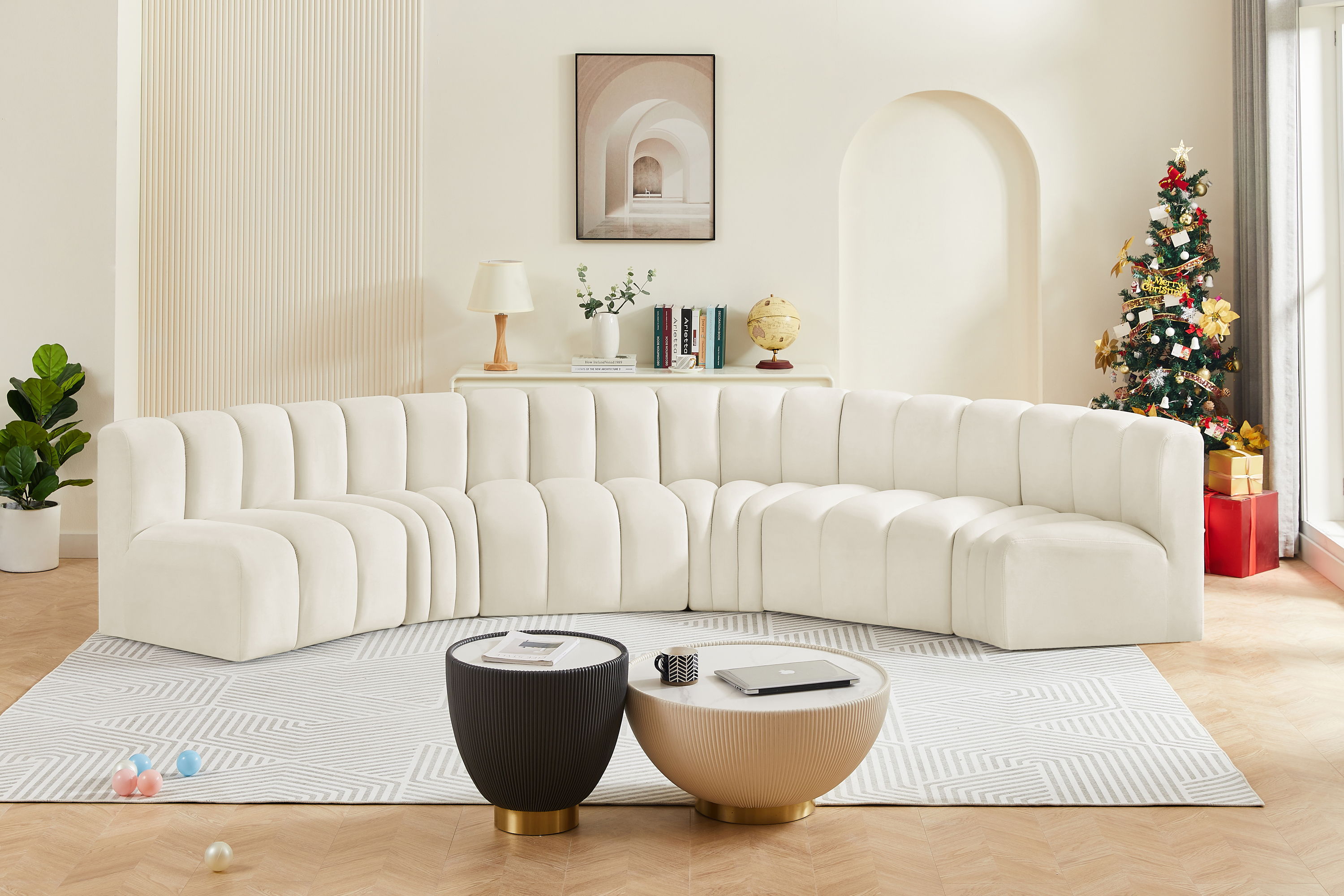 Arc - Velvet 6 Piece U-Shaped Modular Sofa - Cream