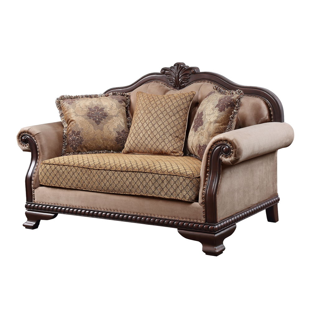 Chateau De Ville - Loveseat With 3 Pillows (Same Lv01589) - Fabric & Espresso, beige