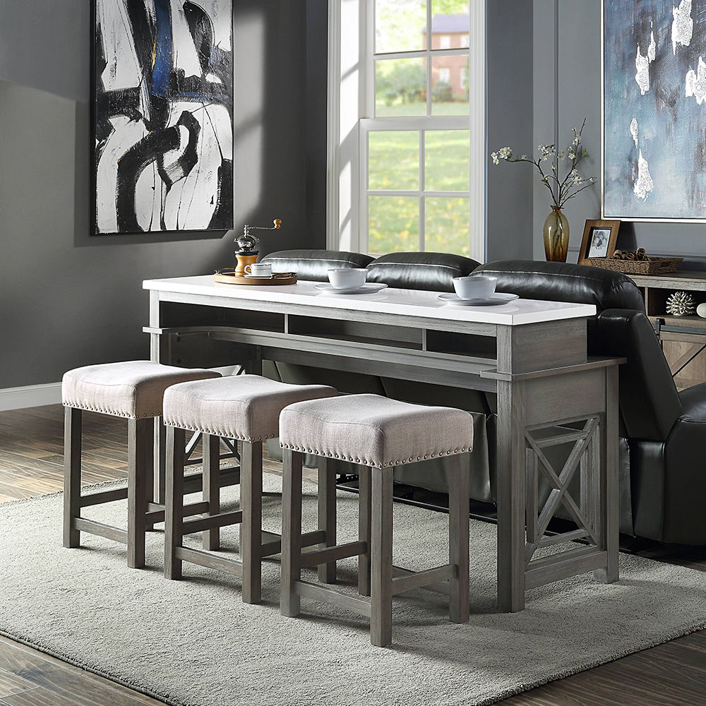 Wandella - 4 Piece Counter Height Table Set With USB - Beige Fabric, Marble Top & Weathered Gray, gray