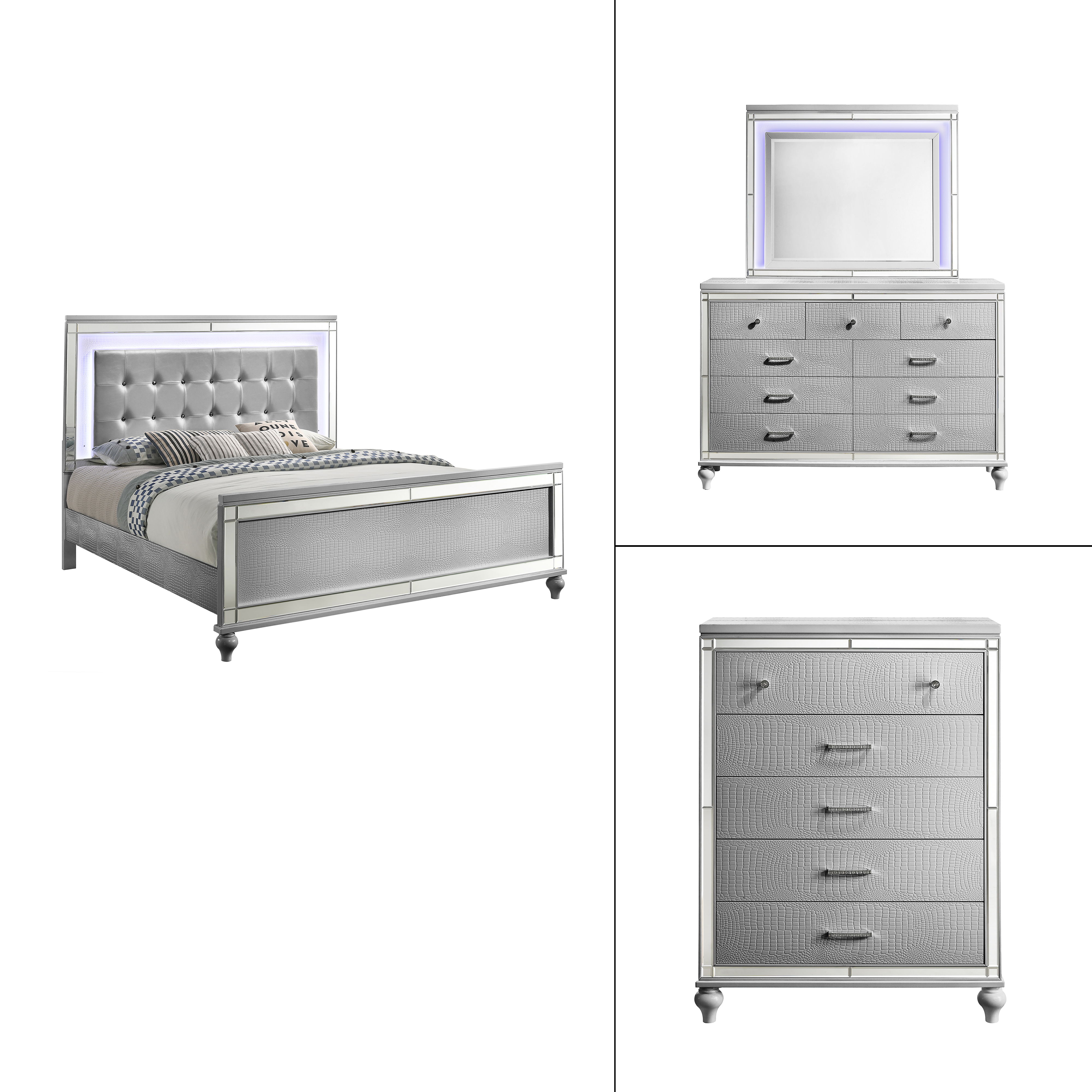 Valentino - Western King 4 Piece Bedroom Set (Bed, Dresser, Mirror, Chest) - Silver