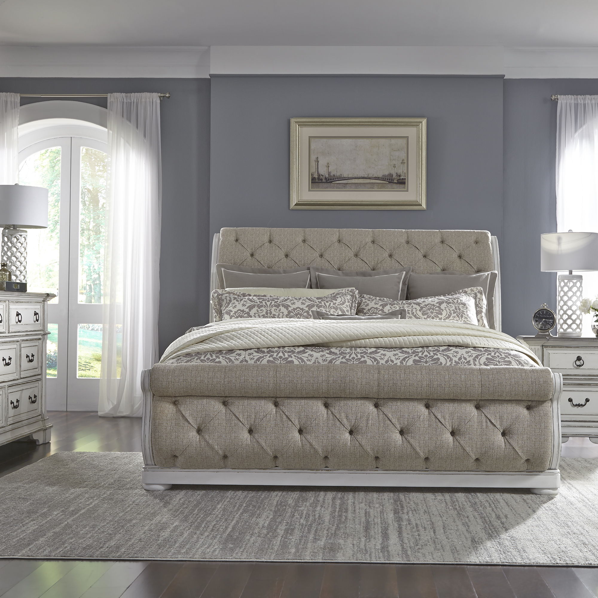 Abbey Park - California King Sleigh Bed, Dresser & Mirror, Night Stand - White