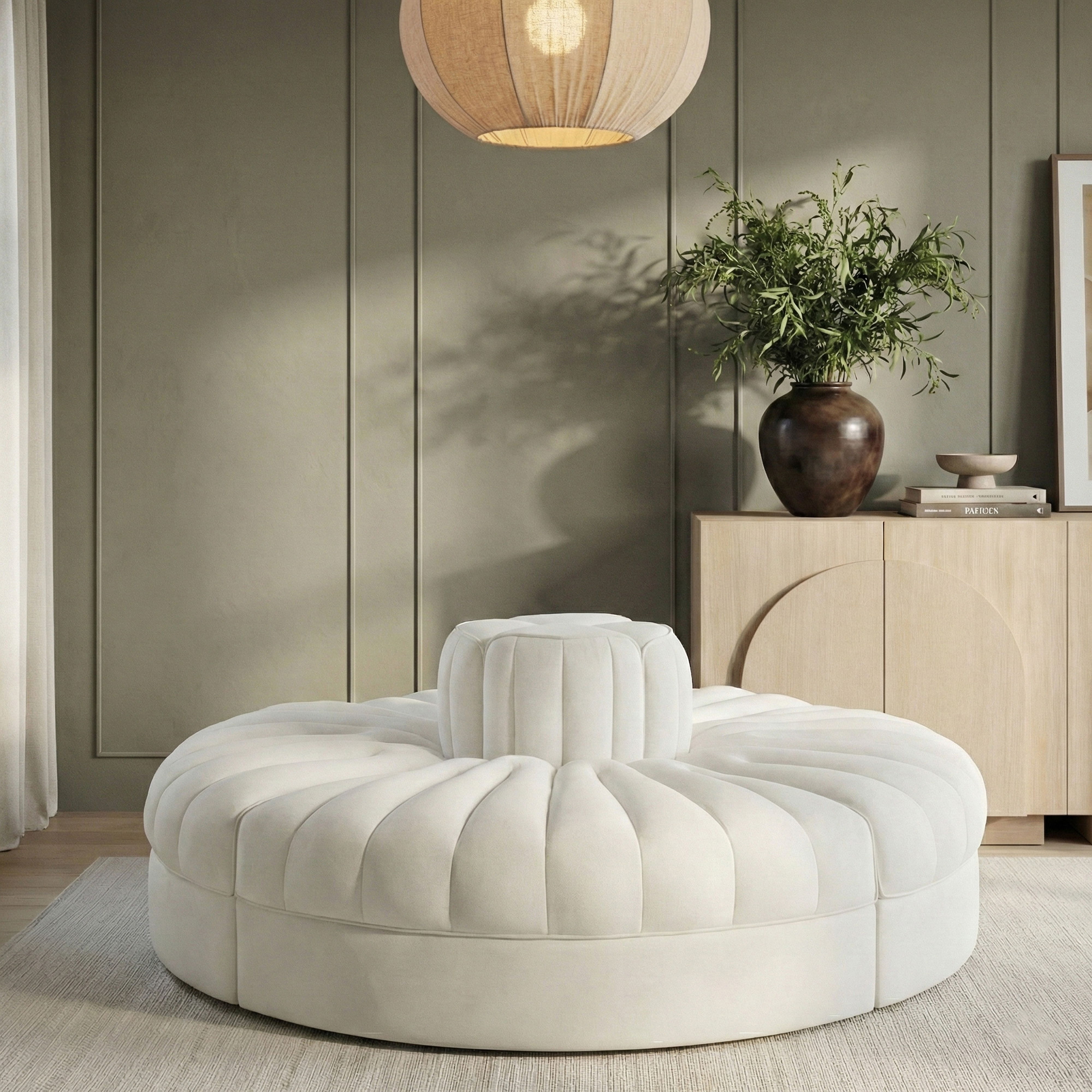Rummi - Round Velvet Performance Fabric Upholstered 4 Piece Modular Sofa - Cream
