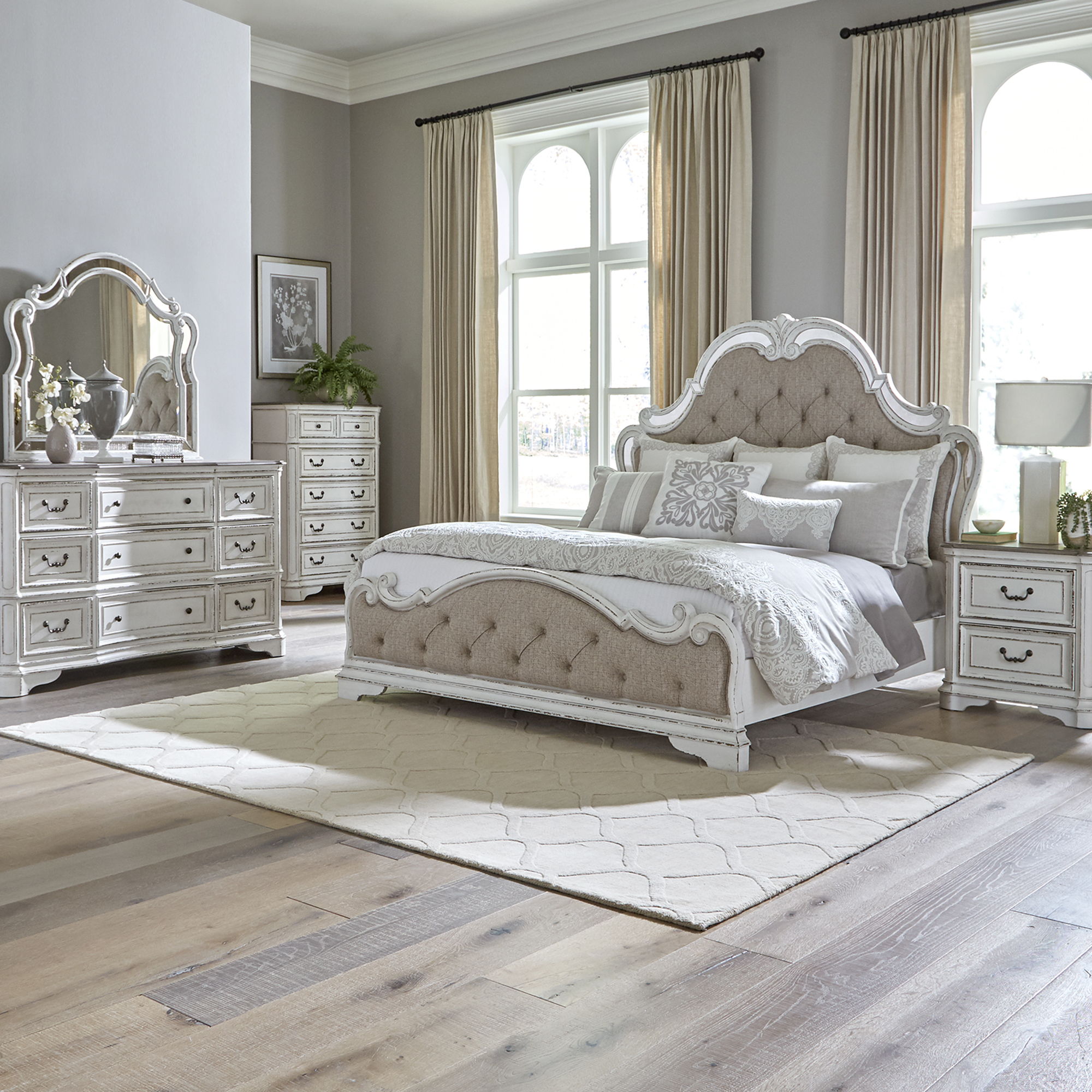 Liberty Furniture Magnolia Manor - 5 Piece Bedroom Set (Queen Upholstered Bed, Dresser & Mirror, Chest, Nightstand) - White