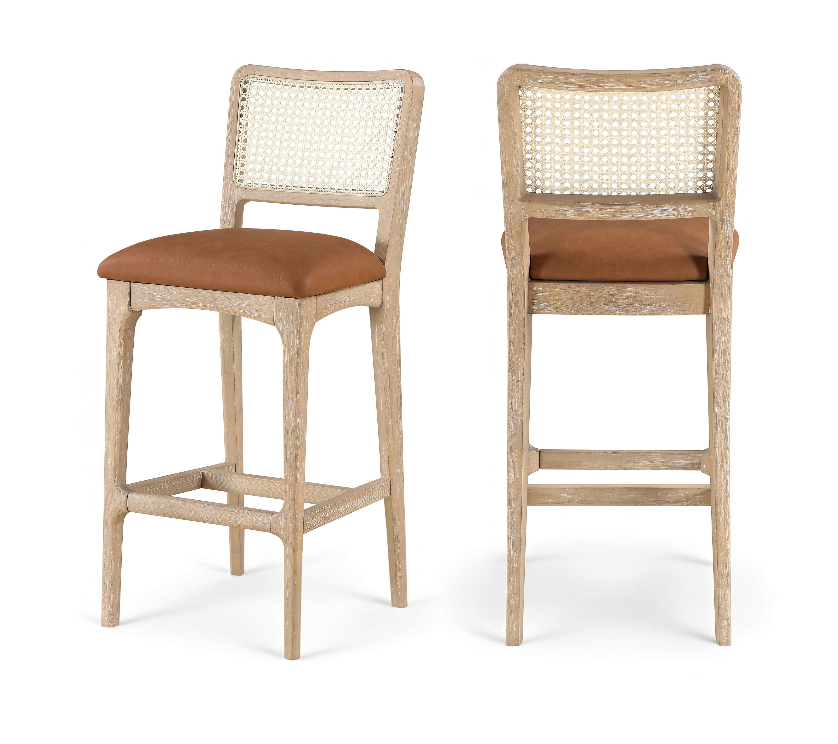 Atrium - Cane Back And Vegan Leather Upholstered Bar Stool (Set of 2) - Cognac / Brushed Natural