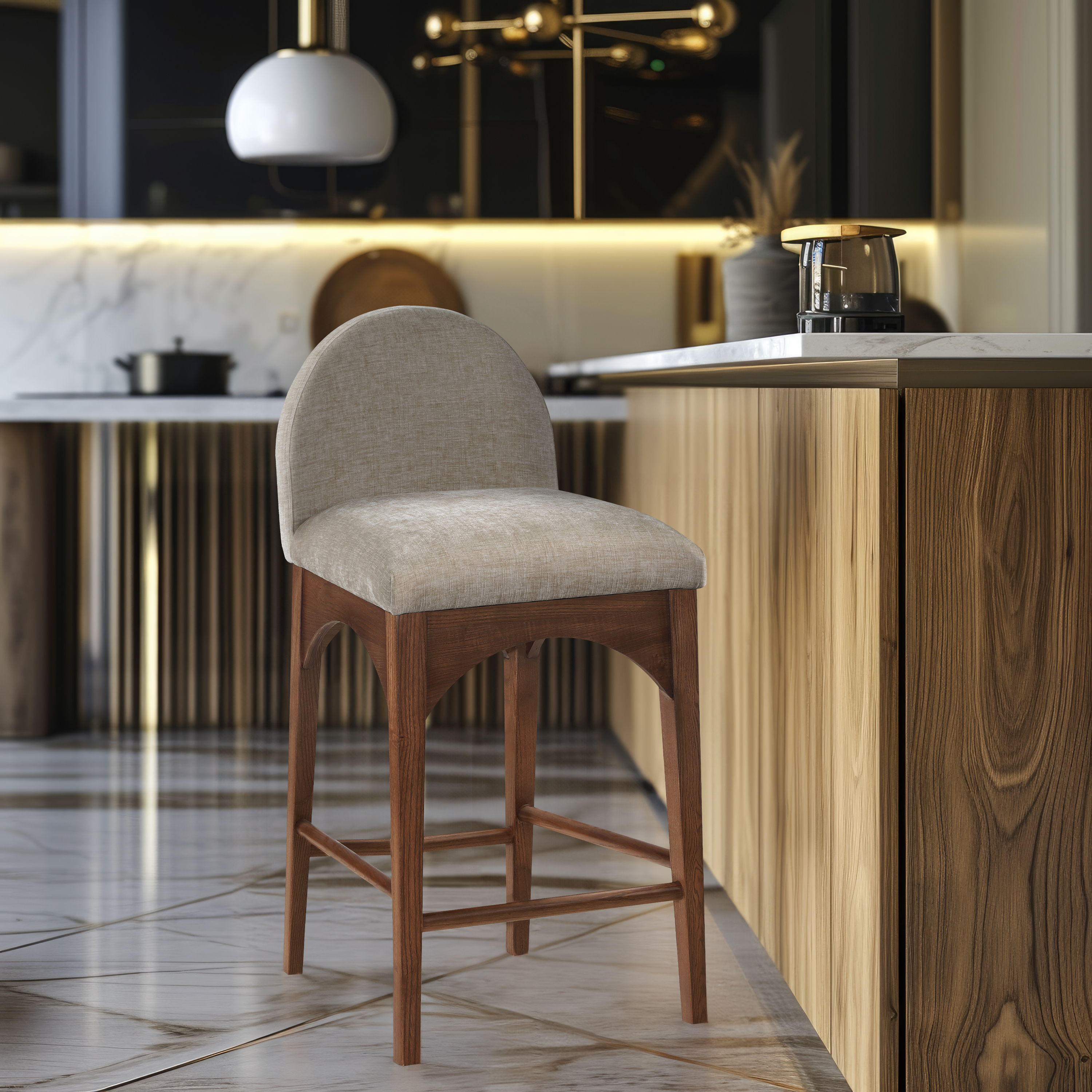 Waldorf - Chenille Stool With Brown Legs - Beige