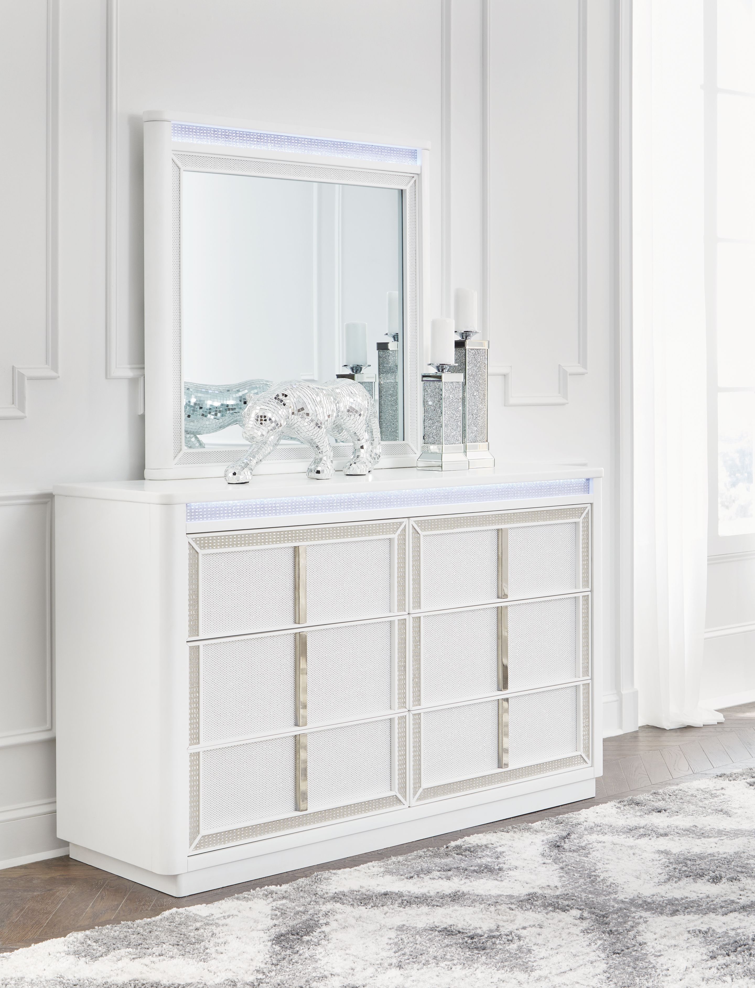 Chalanna - 5 Pc. - Dresser, Mirror, California King Upholstered Storage Bed - White