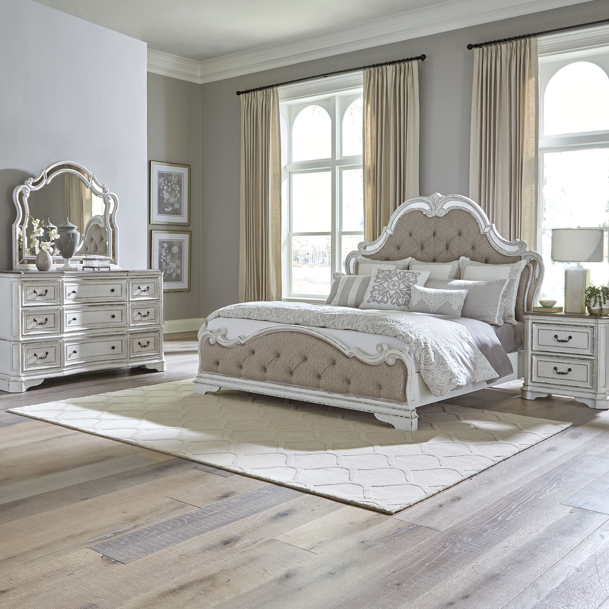 Liberty Furniture Magnolia Manor - 4 Piece Bedroom Set (Queen Upholstered Bed, Dresser & Mirror, Nightstand) - White