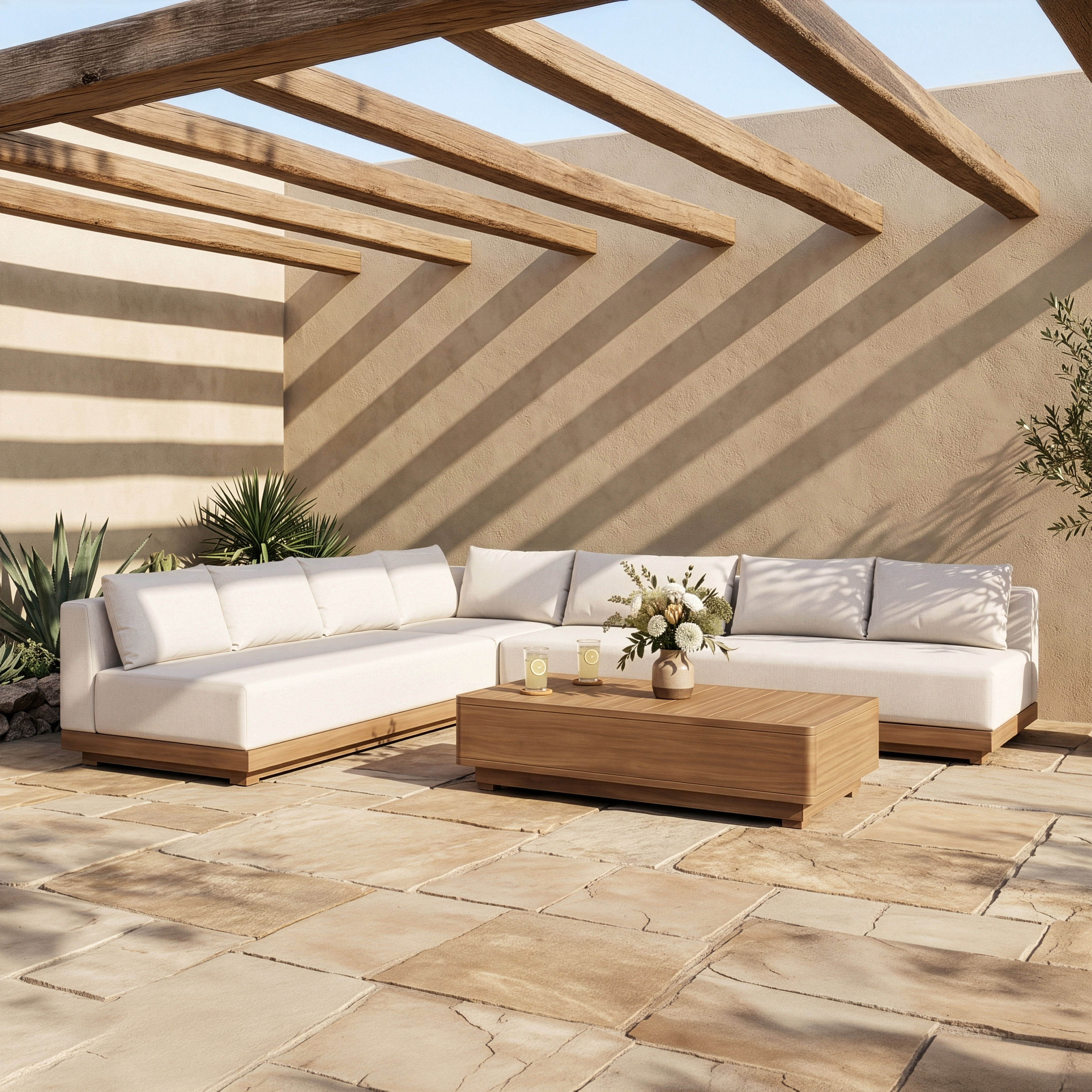Solace - Olefin Performance Fabric 4 Piece Outdoor Patio Modular Sectional - Cream