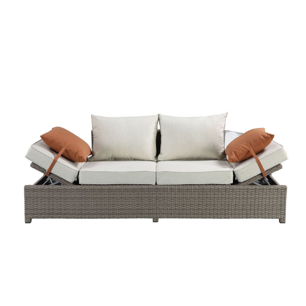 Salena - Patio Sofa With 2 Pillows & Ottoman - Beige Fabric & Gray Wicker, beige, view 5