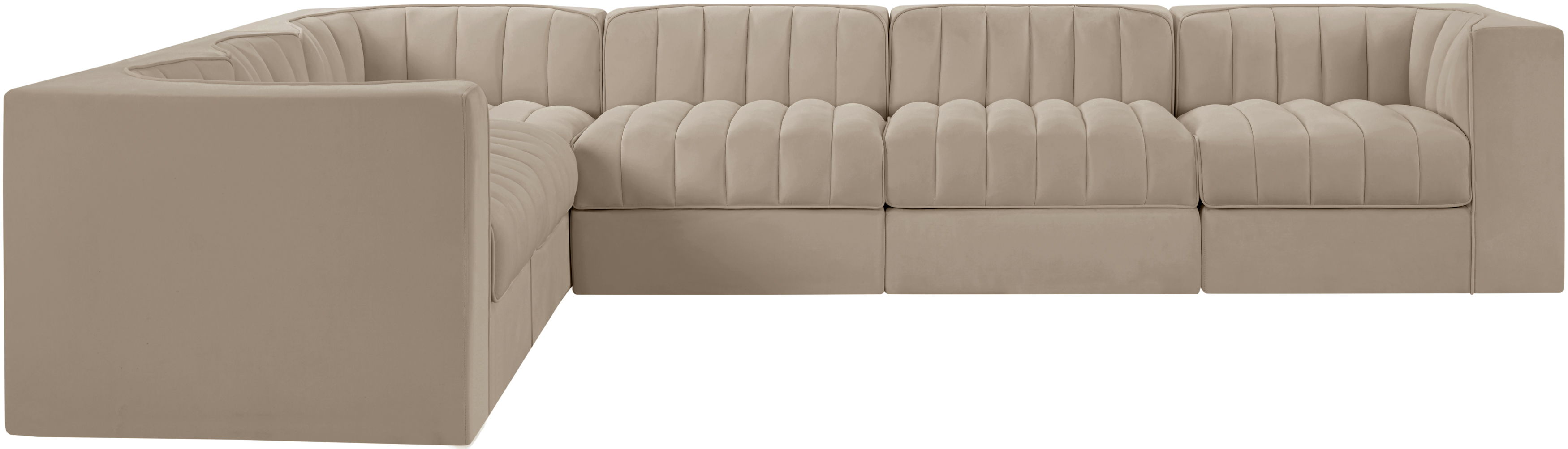 Rummi - Velvet Performance Fabric Upholstered 6 Piece Modular Sectional (With 3 Corner Chairs) - Beige