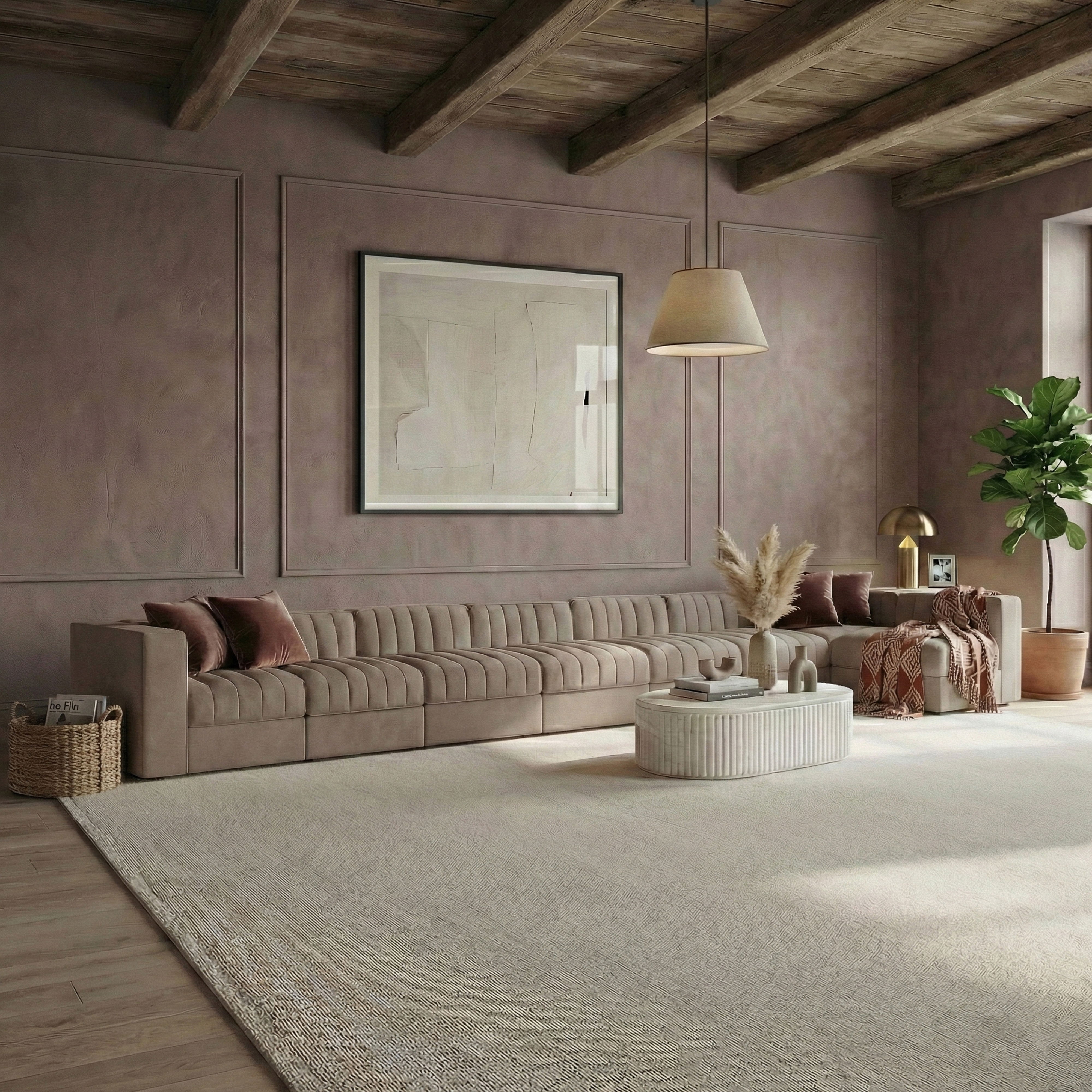 Rummi - Velvet Performance Fabric Upholstered 8 Piece Modular Sectional, L-Shaped (Right) - Taupe
