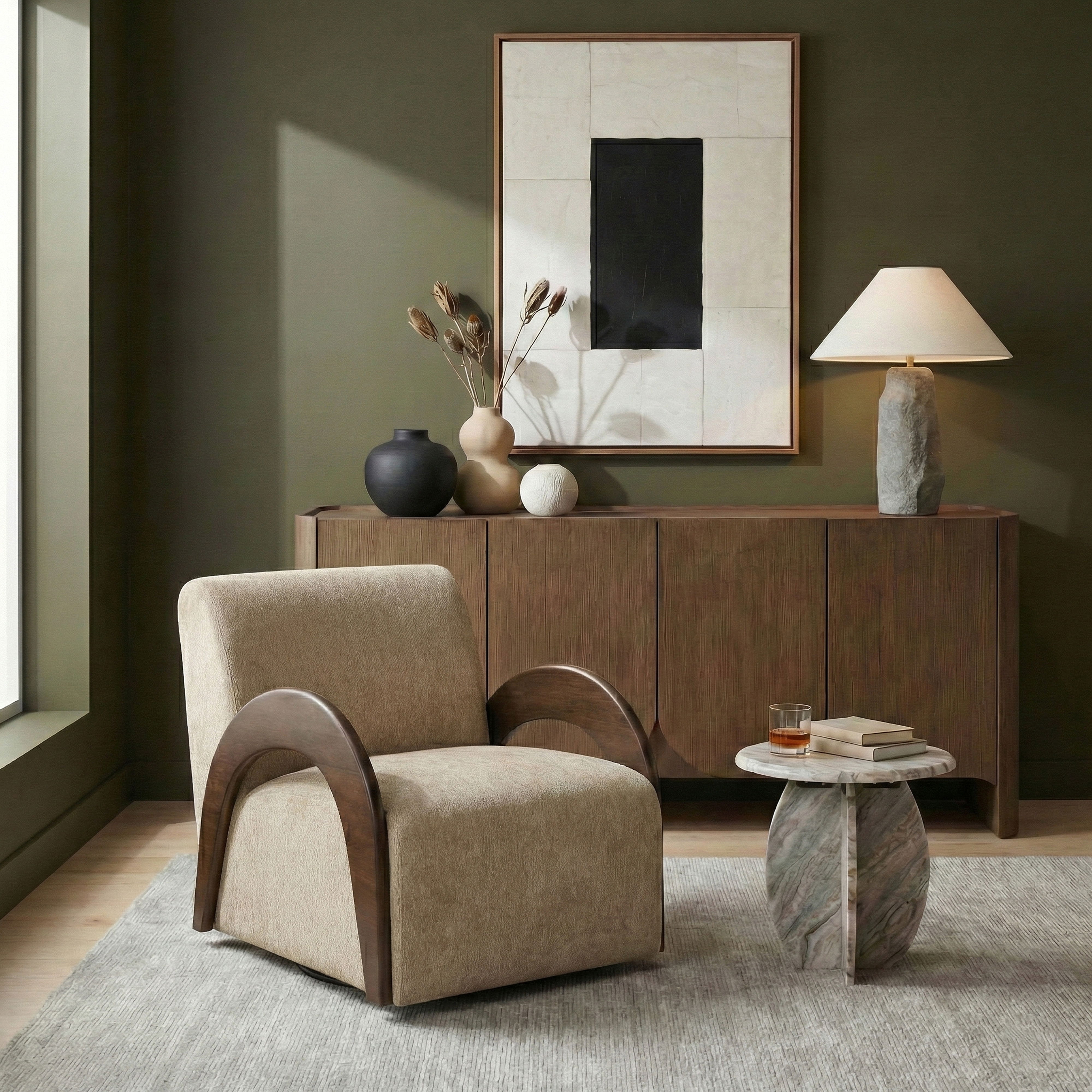 Neria - Chenille Fabric Upholstered Swivel Accent Chair - Beige