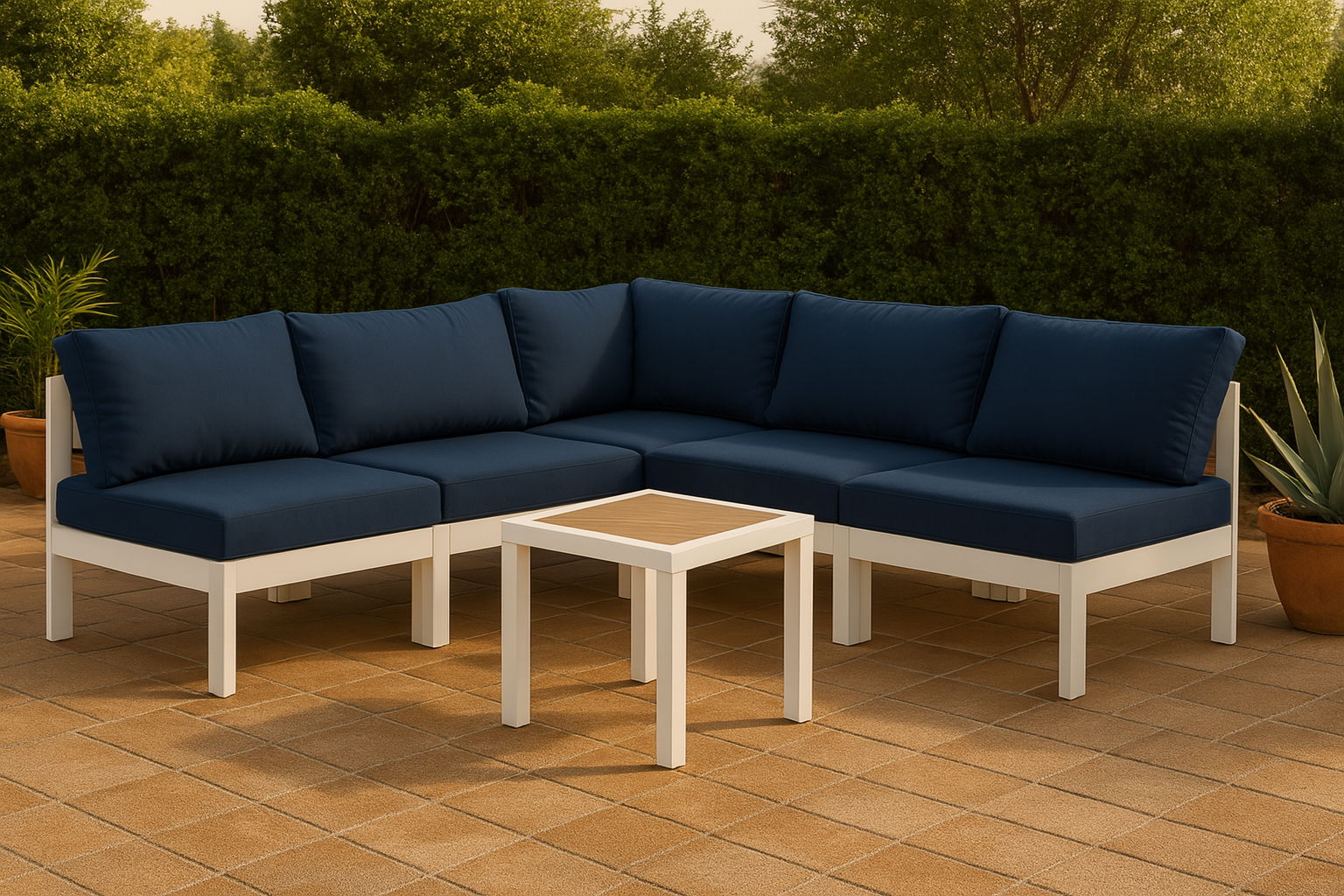 Nizuc - Outdoor Patio 5 Piece Modular Corner Armless Sectional With White Frame - Navy
