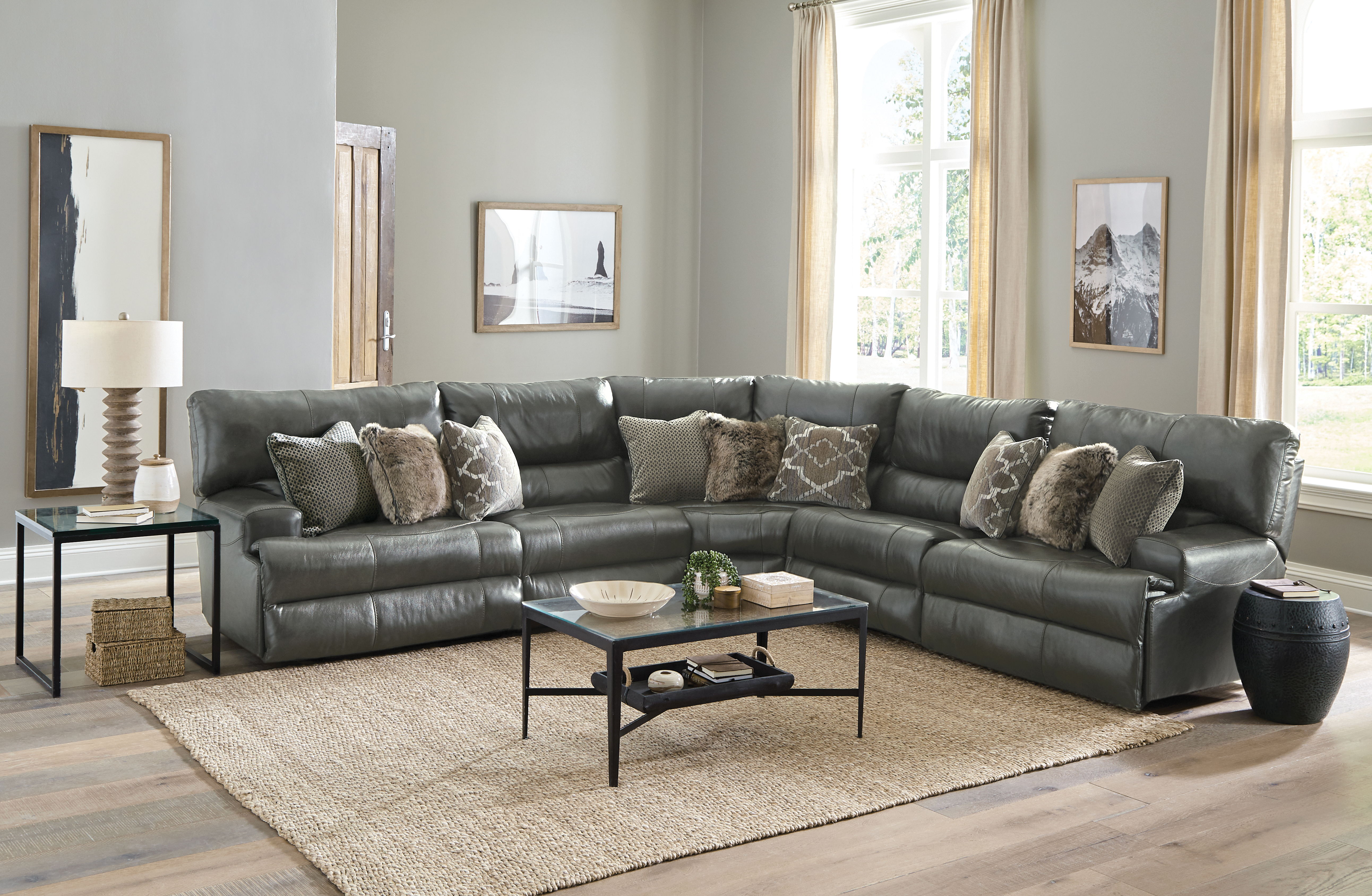 5 Pc · Italian Leather Match Power Reclining Sectional With 2 Lay Flat Reclining Seats