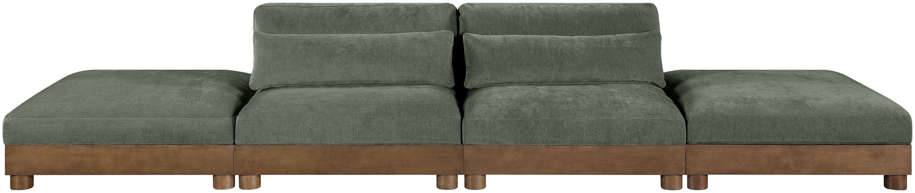 Turin - 160" Chenille Fabric Upholstered 4 Piece Modular Sofa - Green / Brown Walnut