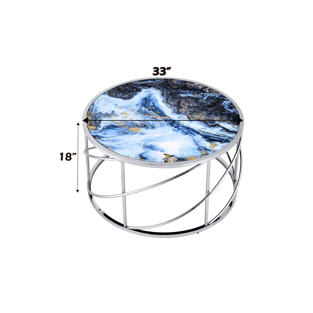 Lyda - Coffee Table - Blue Marble Print & Chrome, blue, view 4