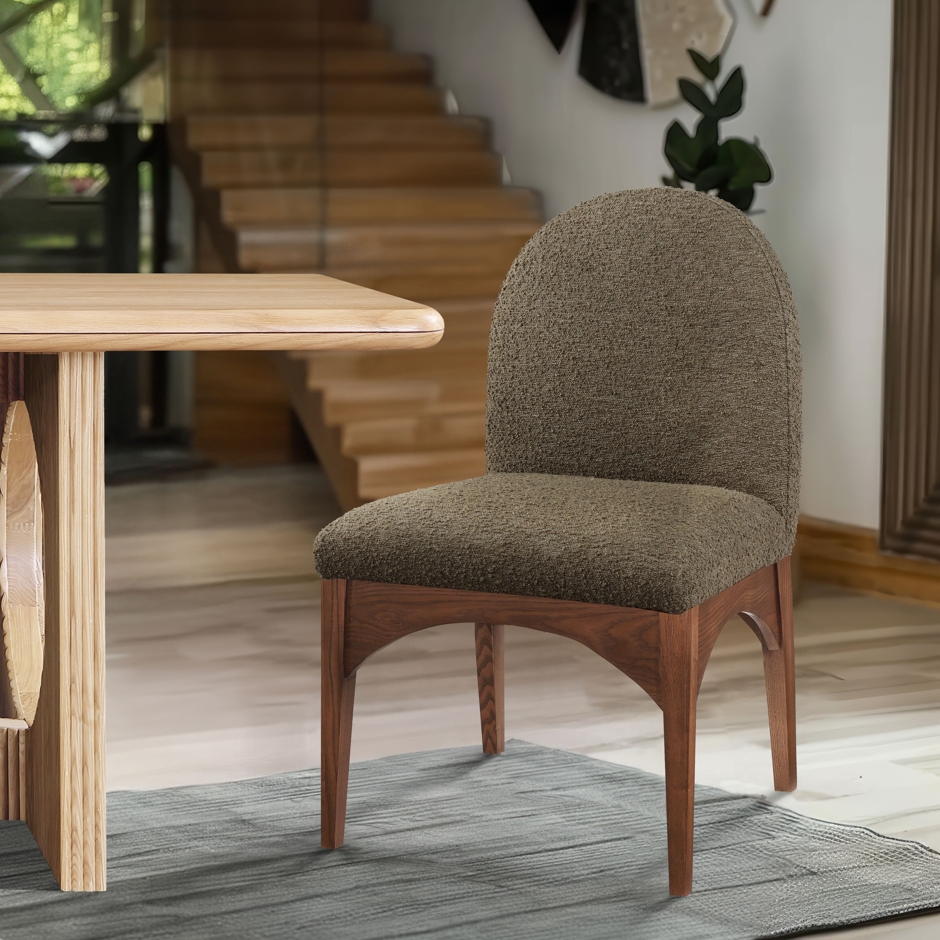 Waldorf - Boucle Dining Side Chair With Brown Legs - Olive