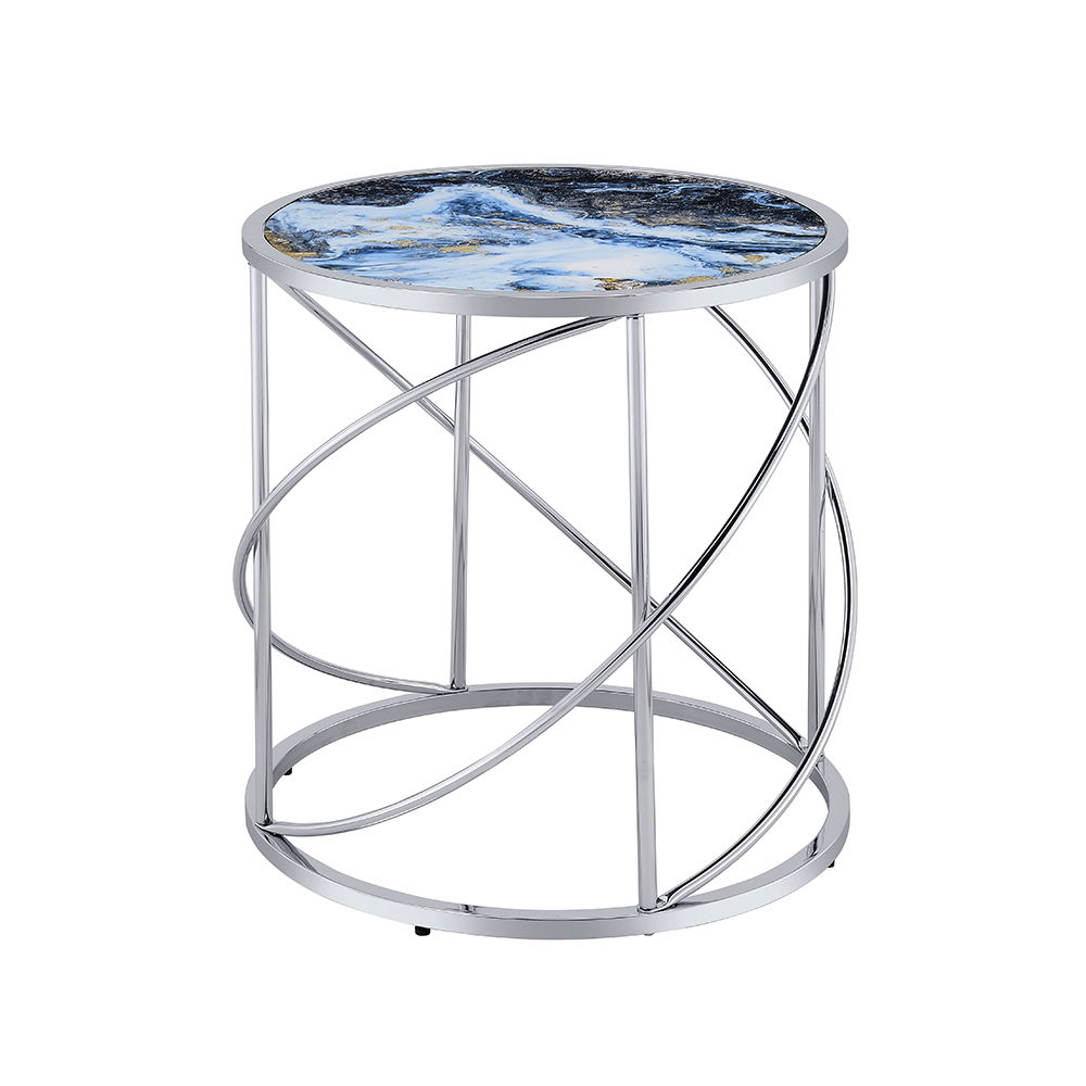 Lyda - End Table - Blue Marble Print & Chrome, blue, view 2