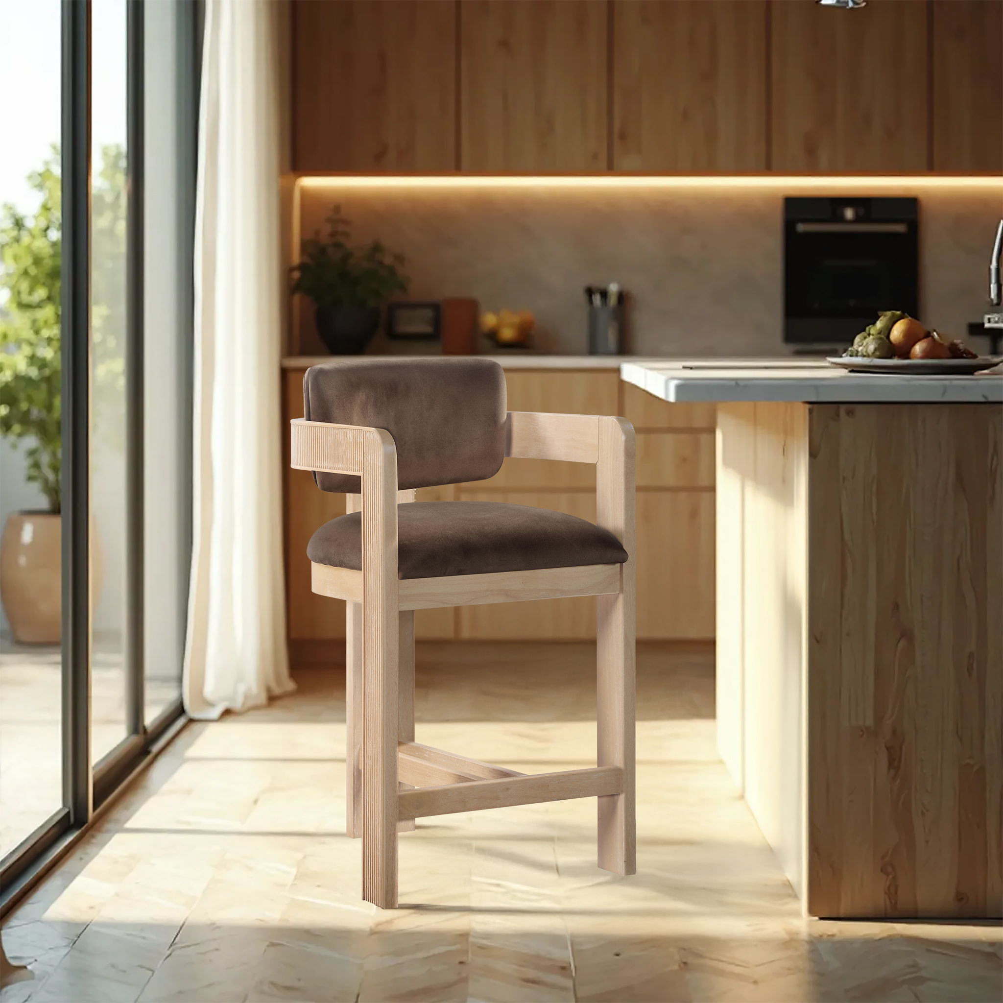 Sacha - Velvet Stool With Natural Base - Brown