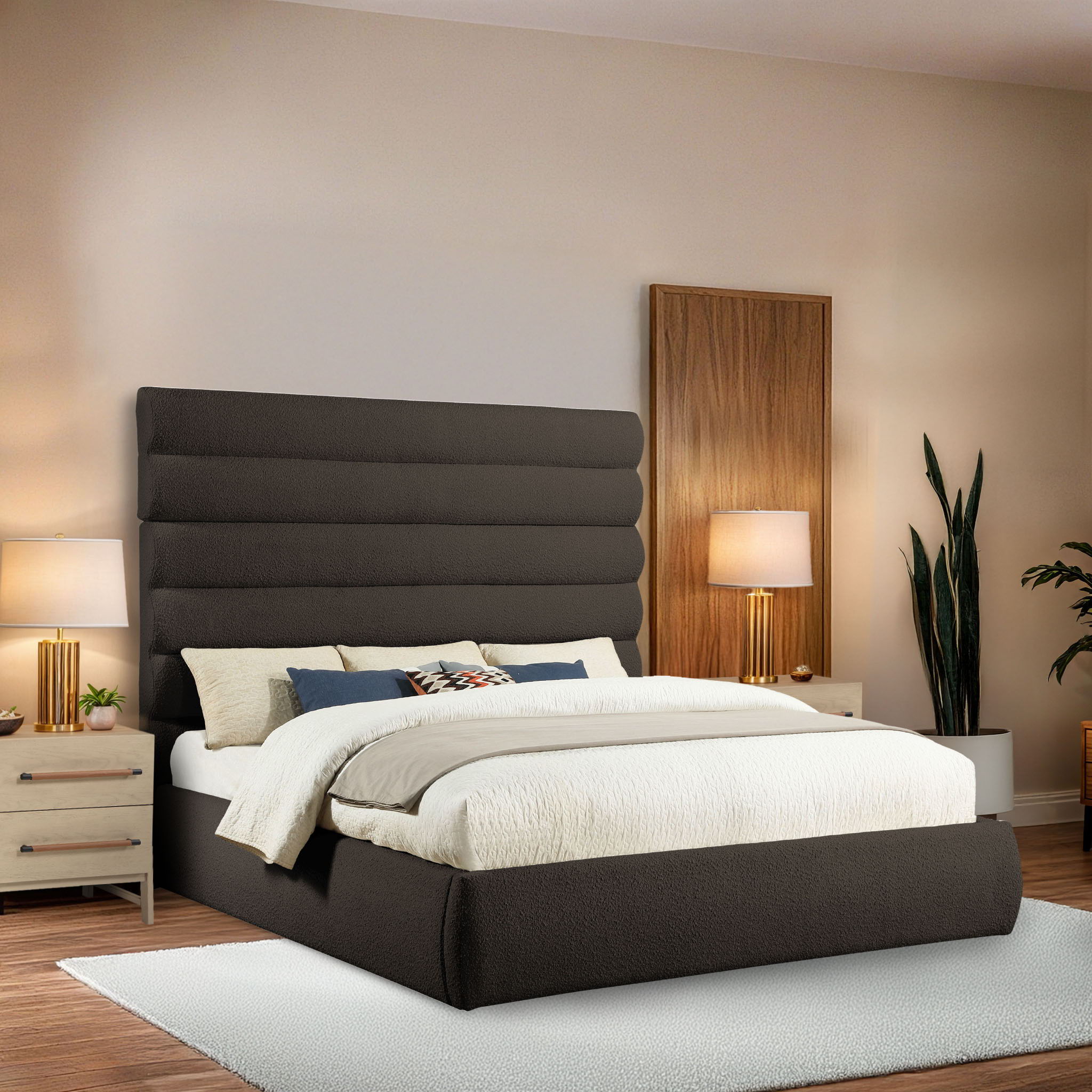 Adam - Boucle Fabric King Bed With 70.5" Headboard - Dark Brown
