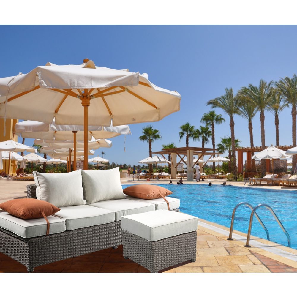 Salena - Patio Sofa With 2 Pillows & Ottoman - Beige Fabric & Gray Wicker, beige