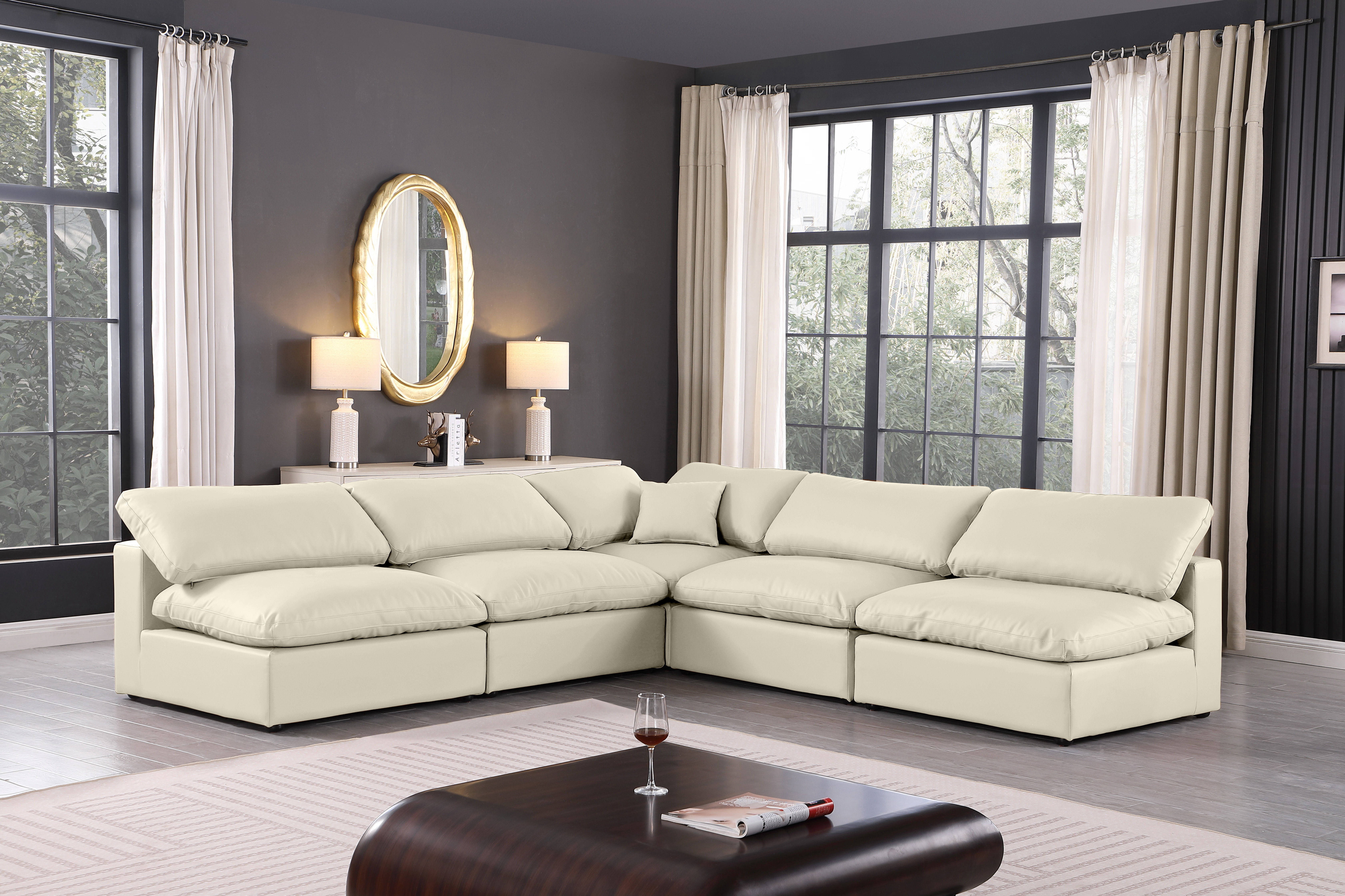 Comfy - 5 Piece Faux Leather Modular Corner Armless Sectional - Cream