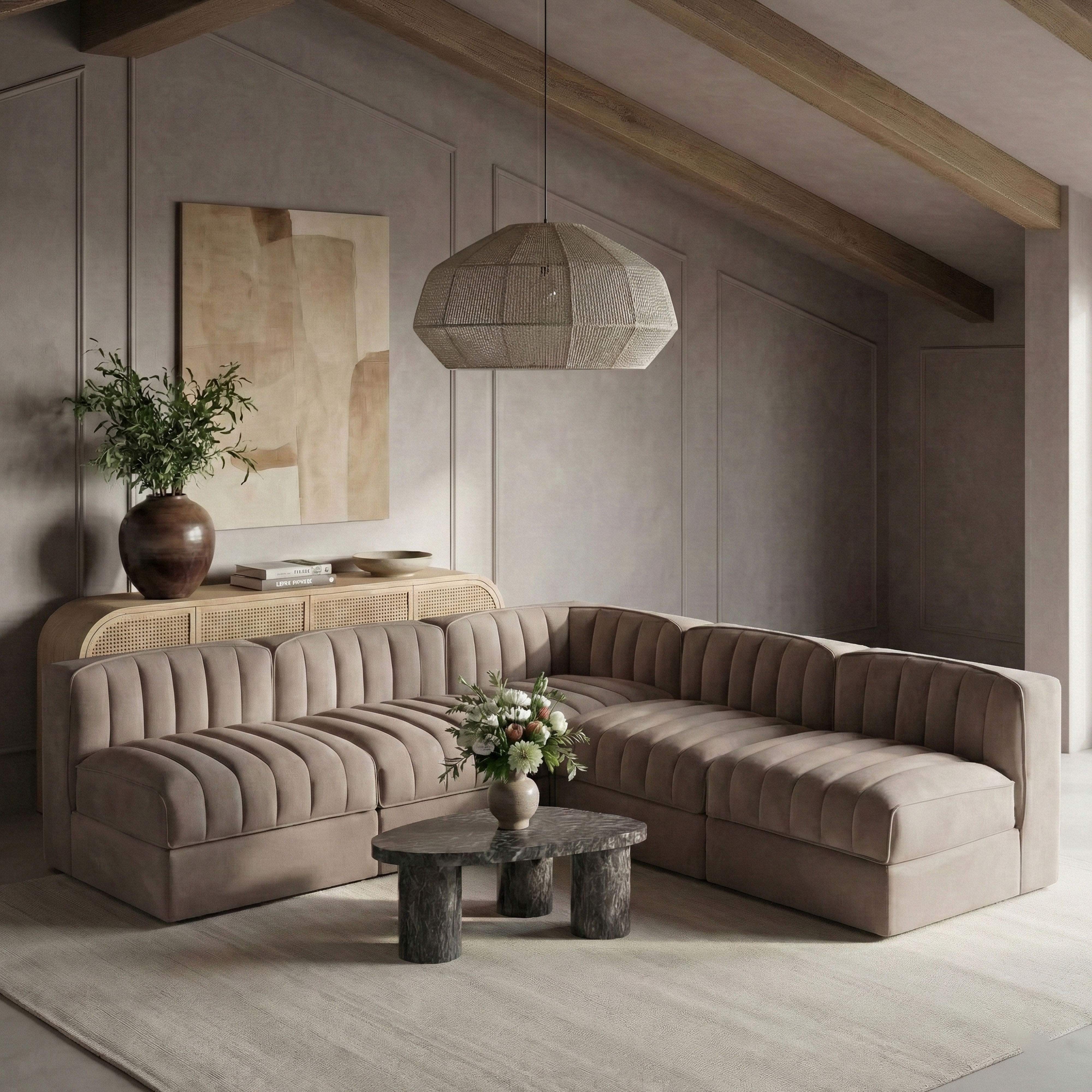 Rummi - Armless Velvet Performance Fabric Upholstered 5 Piece Modular Sectional - Taupe