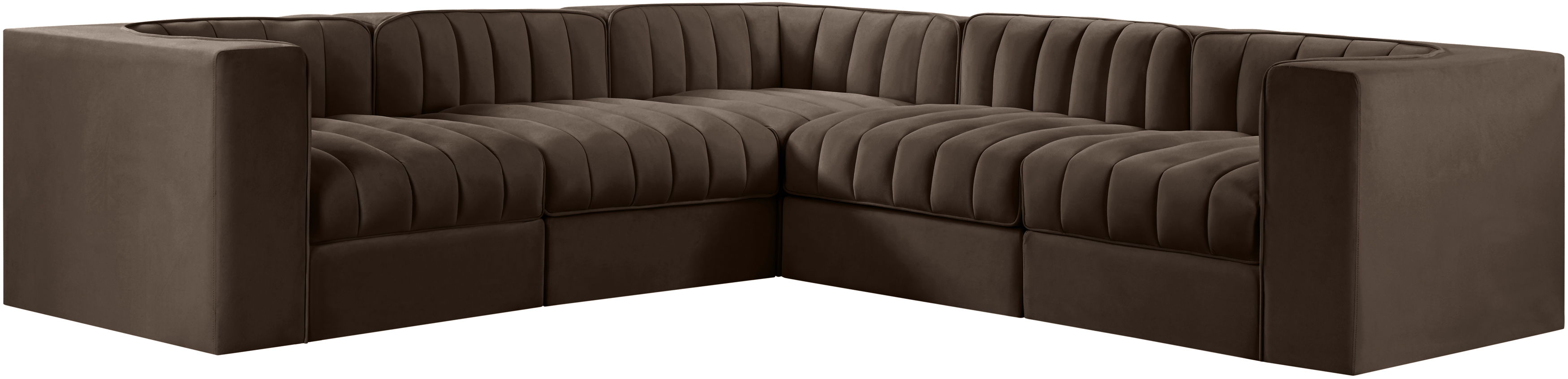 Rummi - Symmetrical Velvet Performance Fabric Upholstered 5 Piece Modular Sectional - Brown