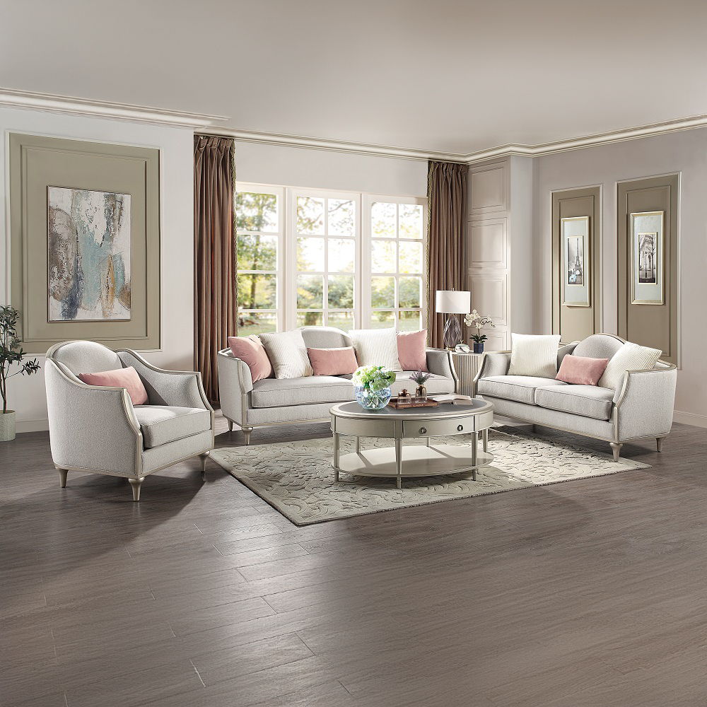 Kasa - Loveseat With 3 Pillows - Beige Linen & Champagne, beige