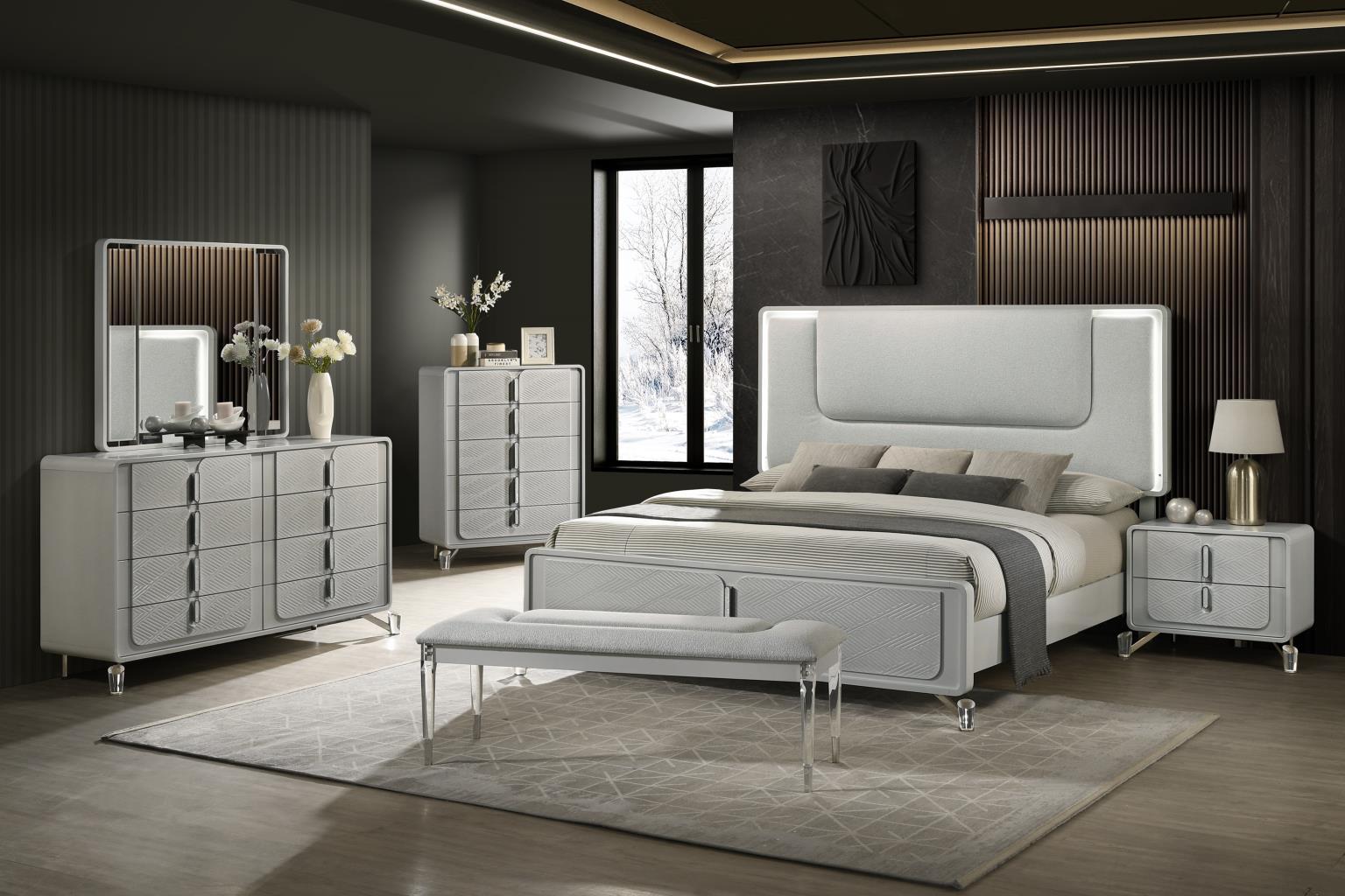 B023 - 5 Piece Bedroom Set (Queen Bed, Dresser, Mirror, Chest, Nightstand) - Cool Gray