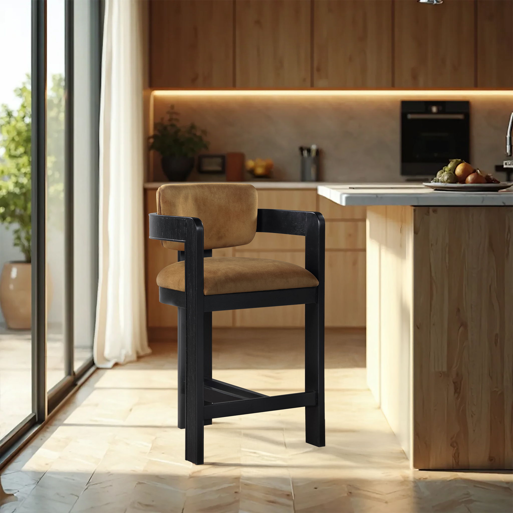 Sacha - Velvet Stool With Black Base - Saddle