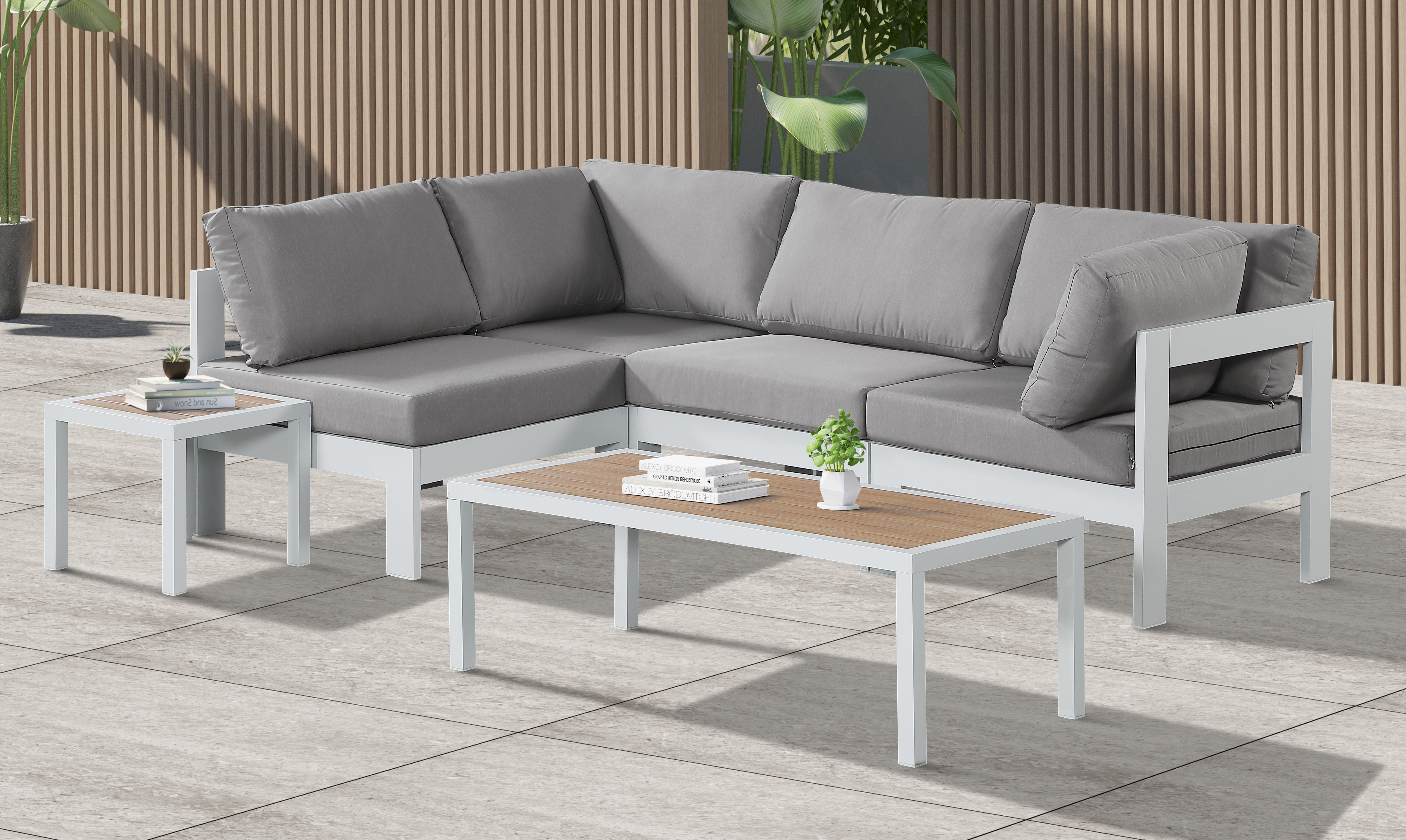 Nizuc - Outdoor Patio 4 Piece Modular Sectional With White Frame - Gray